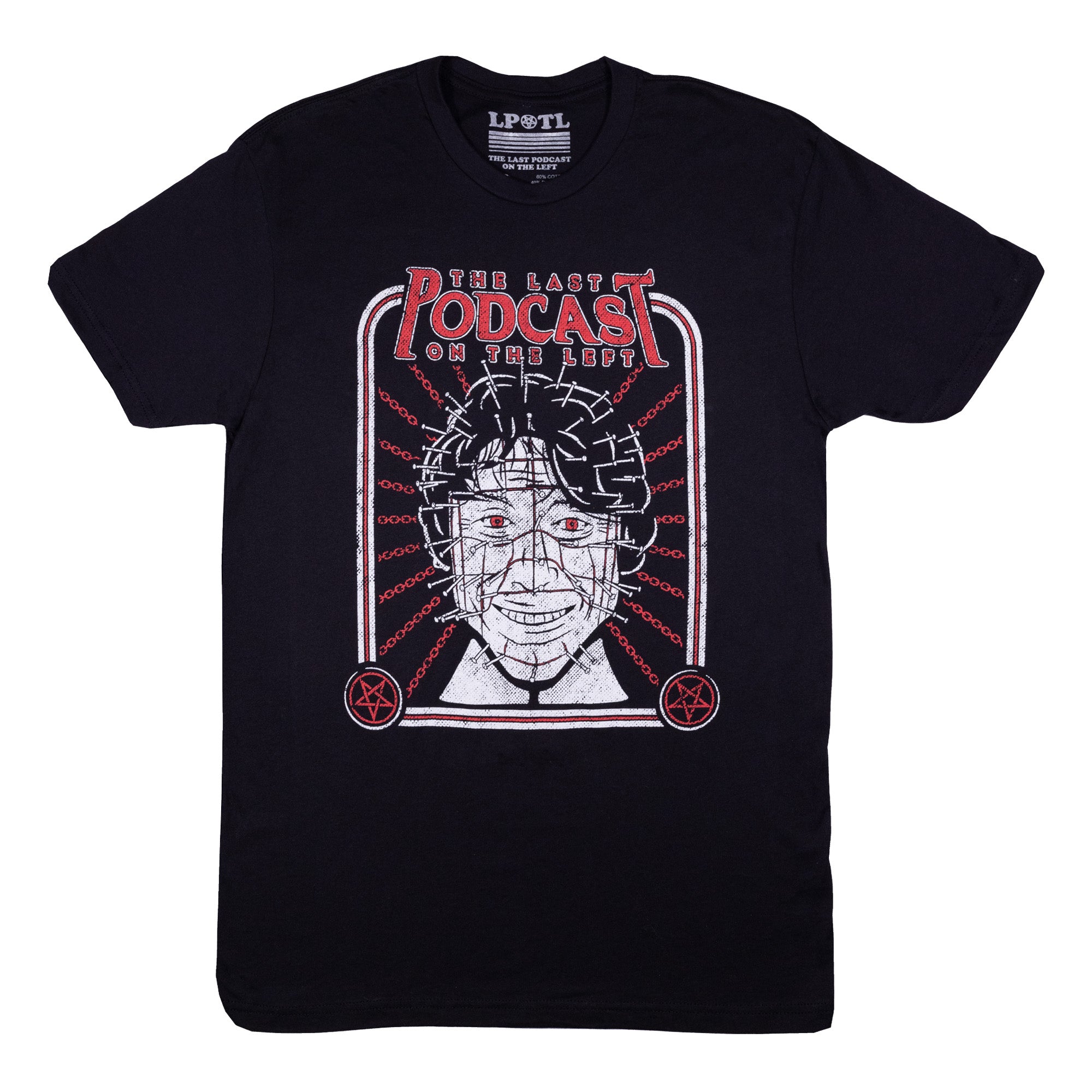 Black tee with graphic of Marcus on front with RED text "THE LAST PODCAST ON THE LEFT"
