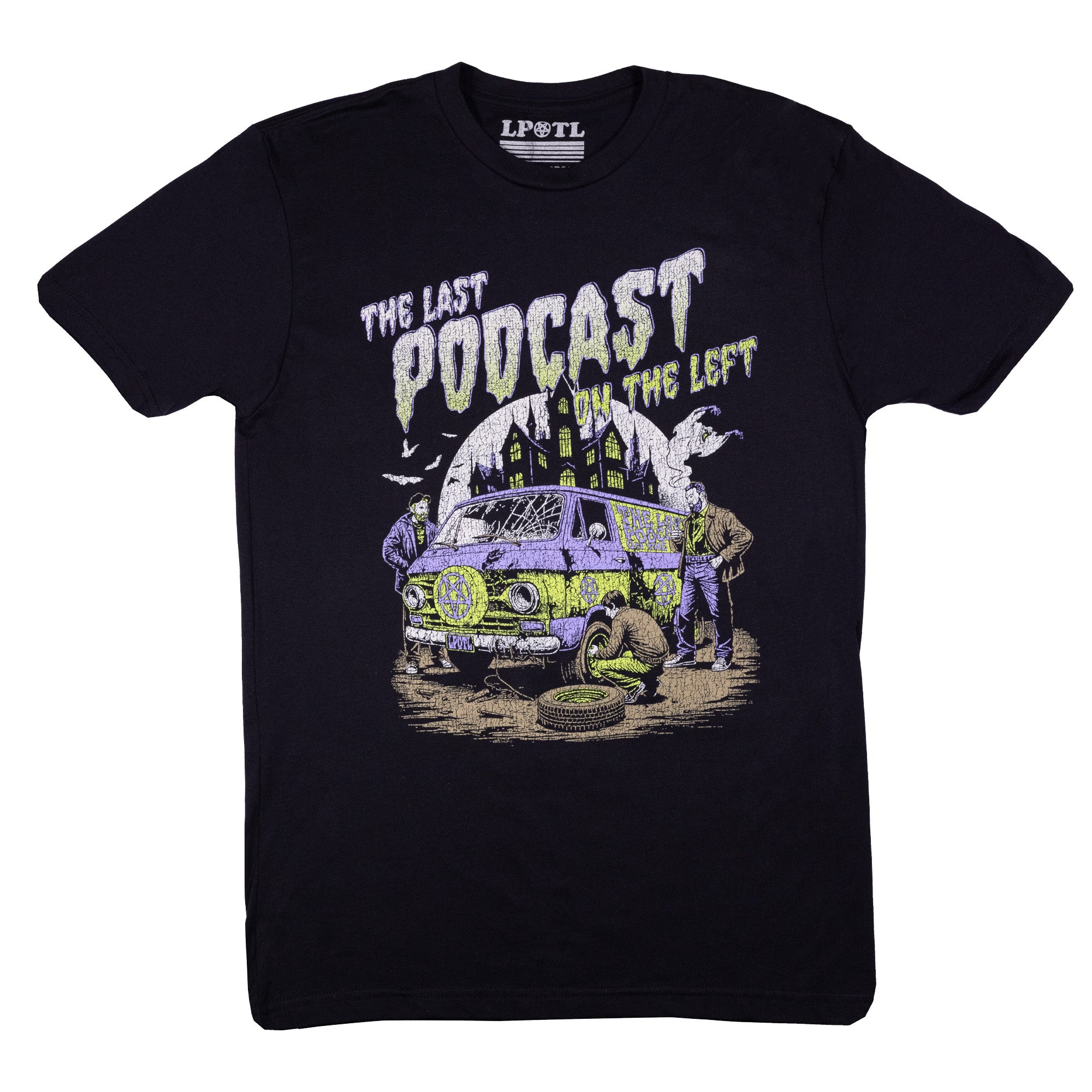 black tee with graphic of men changing tire on LPOTL bus with a haunted mansion in the background with text "THE LAST PODCAST ON THE LEFT"