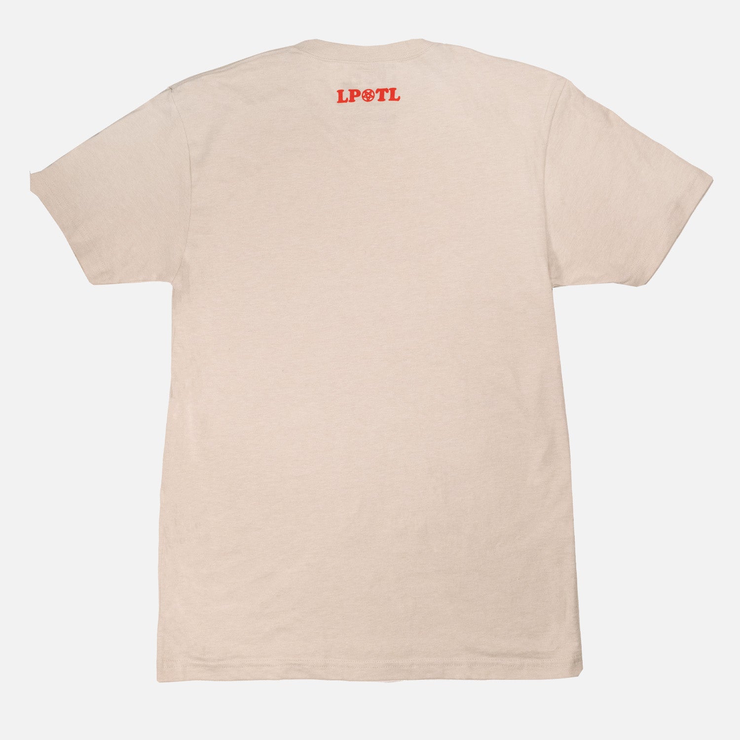 Rear view of sand tee with red "LPOTL" text on upper back