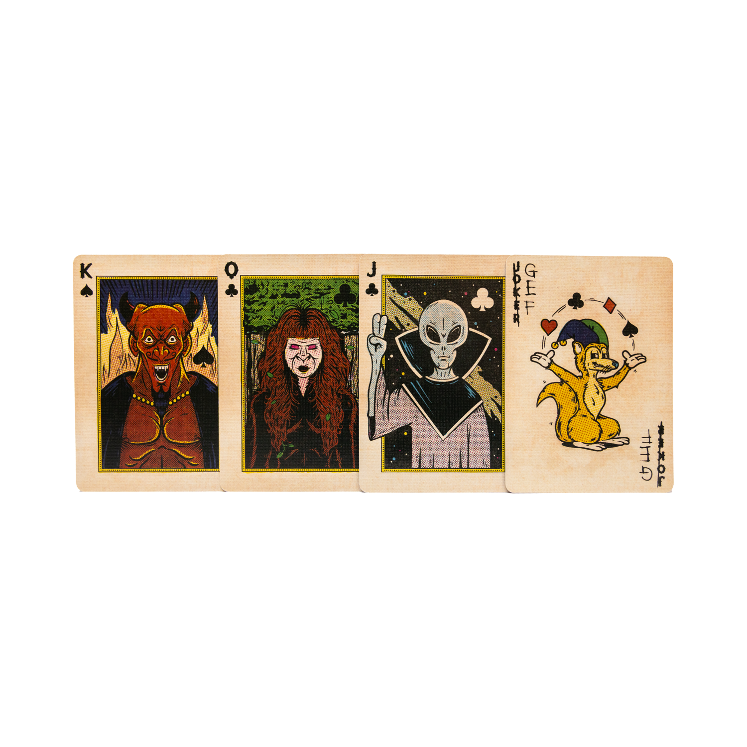 Four playing cards with LPOTL illustrations