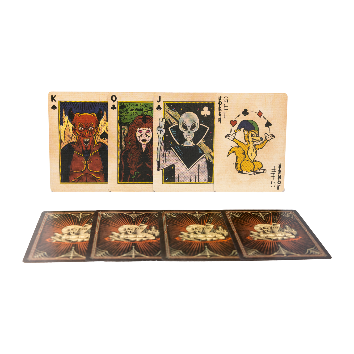 Set of 4 playing cards front and back with LPOTL designs on a white background