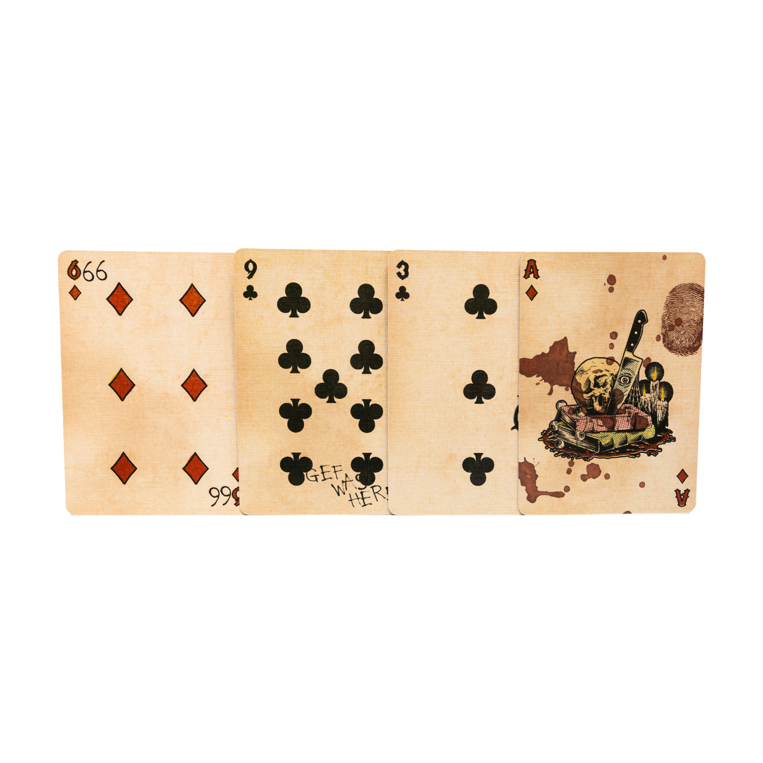 Four playing cards with LPOTL designs on a white background