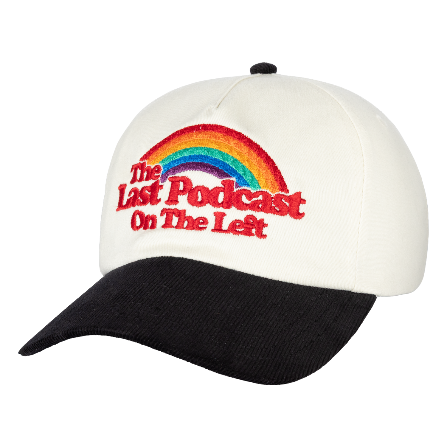 Cream and black hat with rainbow on front with text "The Last Podcast On The Left"