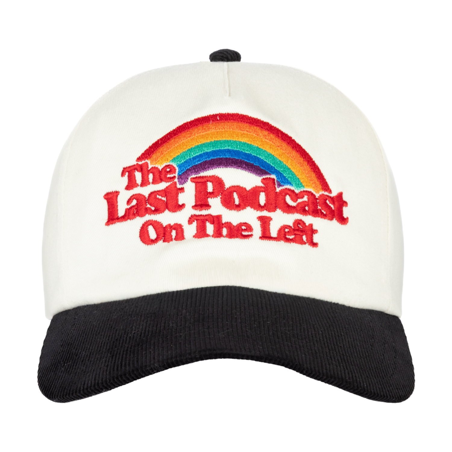 Cream and black hat with rainbow on front with text "The Last Podcast On The Left"