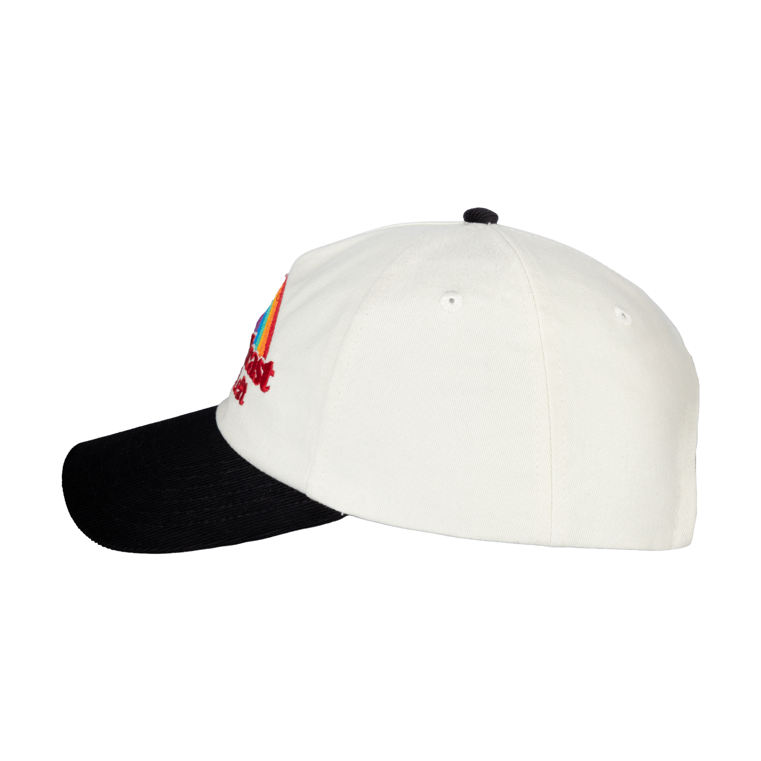 side view of cream and black hat