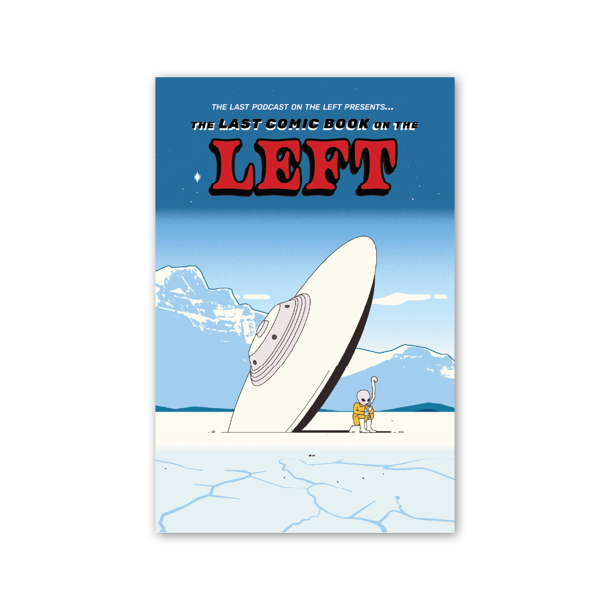 Comic book cover with a UFO and a character on a white background
