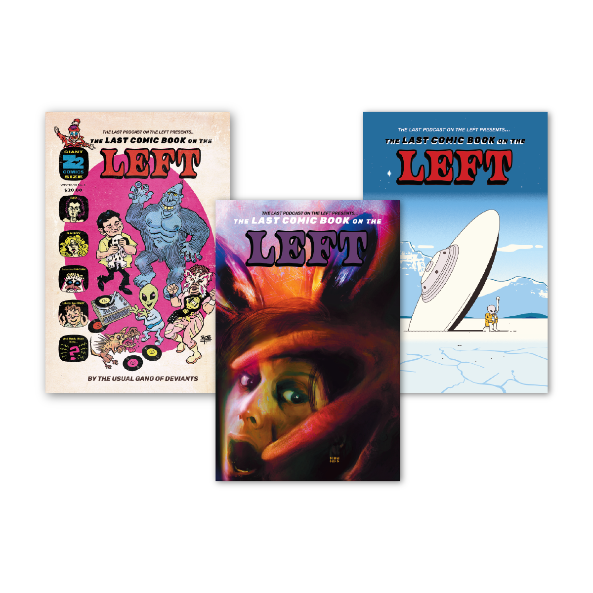 Three comic books titled 'The Last Comic Book on the Left' with colorful covers.
