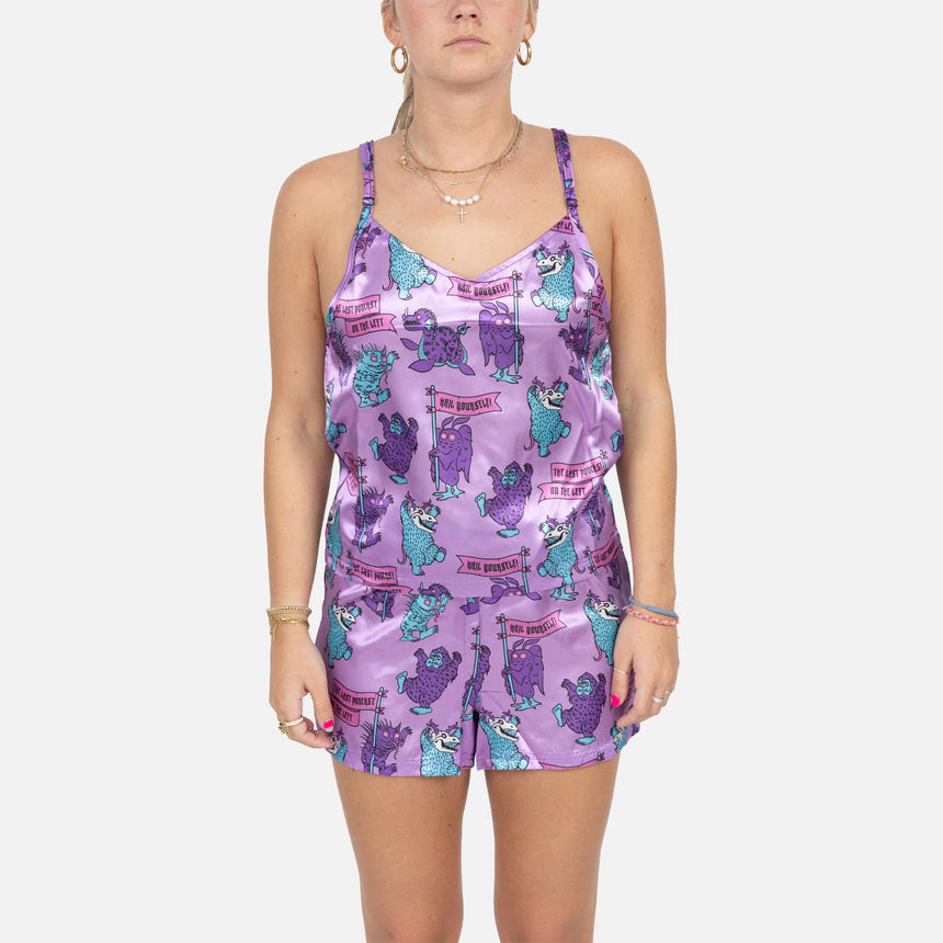 Lilac satin PJ short and tank with cryptids pattern on model