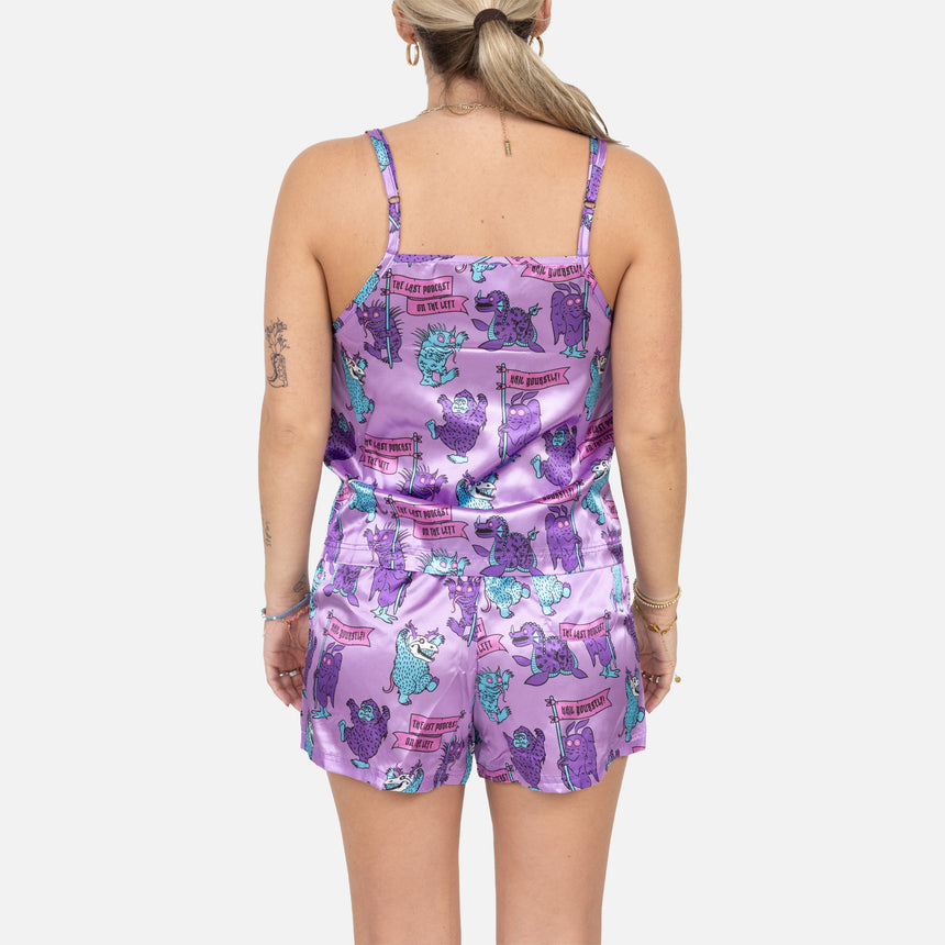 Lilac satin PJ short and tank with cryptids pattern on model