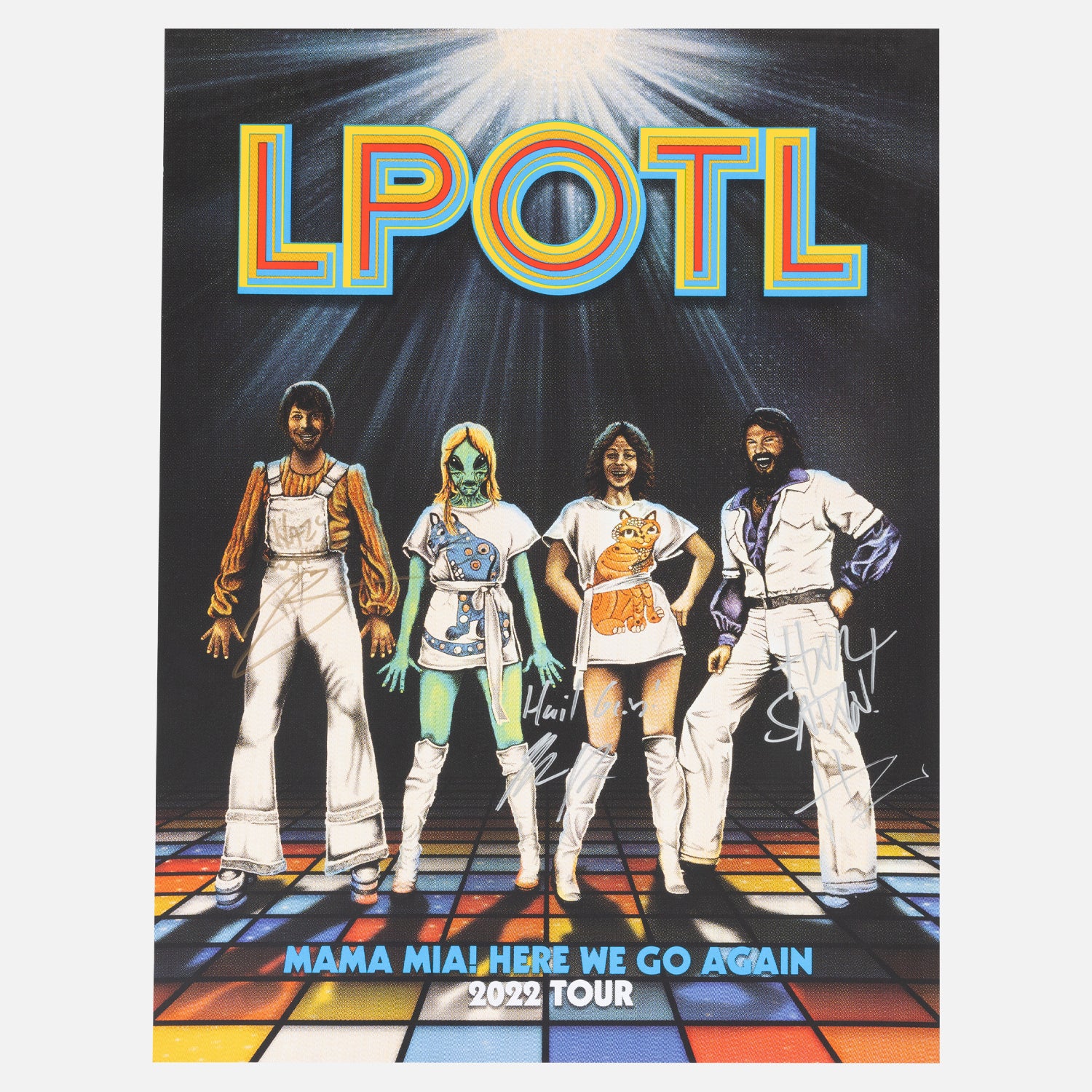 Mama Mia Style tour poster with text "LPOTL MAMA MIA! HERE WE GO AGAIN 2022 TOUR"