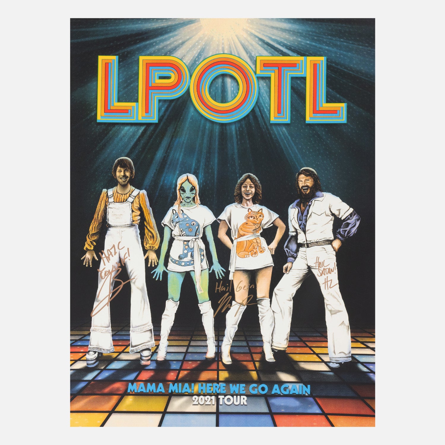 Mama Mia Style tour poster with text "LPOTL MAMA MIA! HERE WE GO AGAIN 2021 TOUR"
