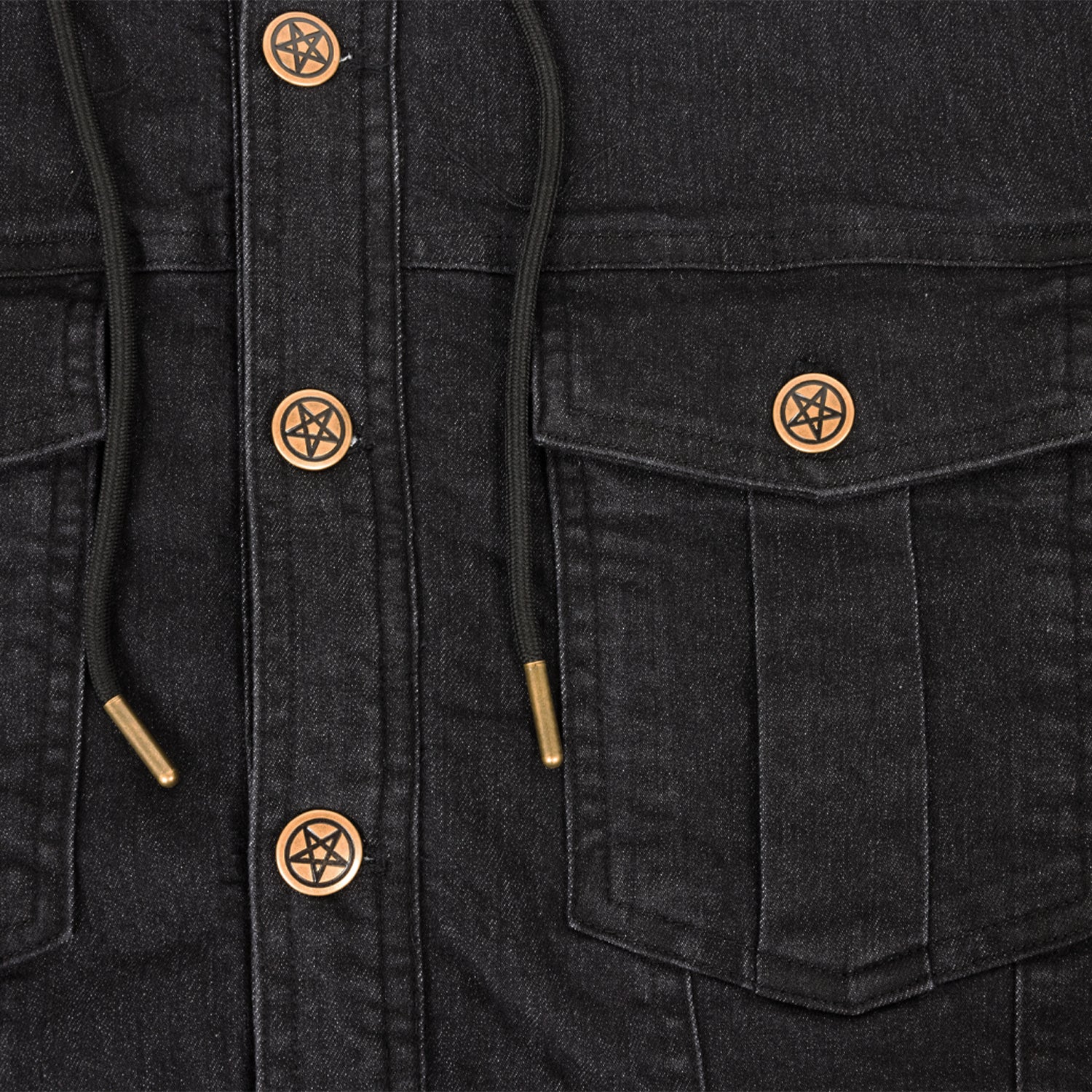 closeup Black Vintage hooded denim jacket showing pentagram buttons