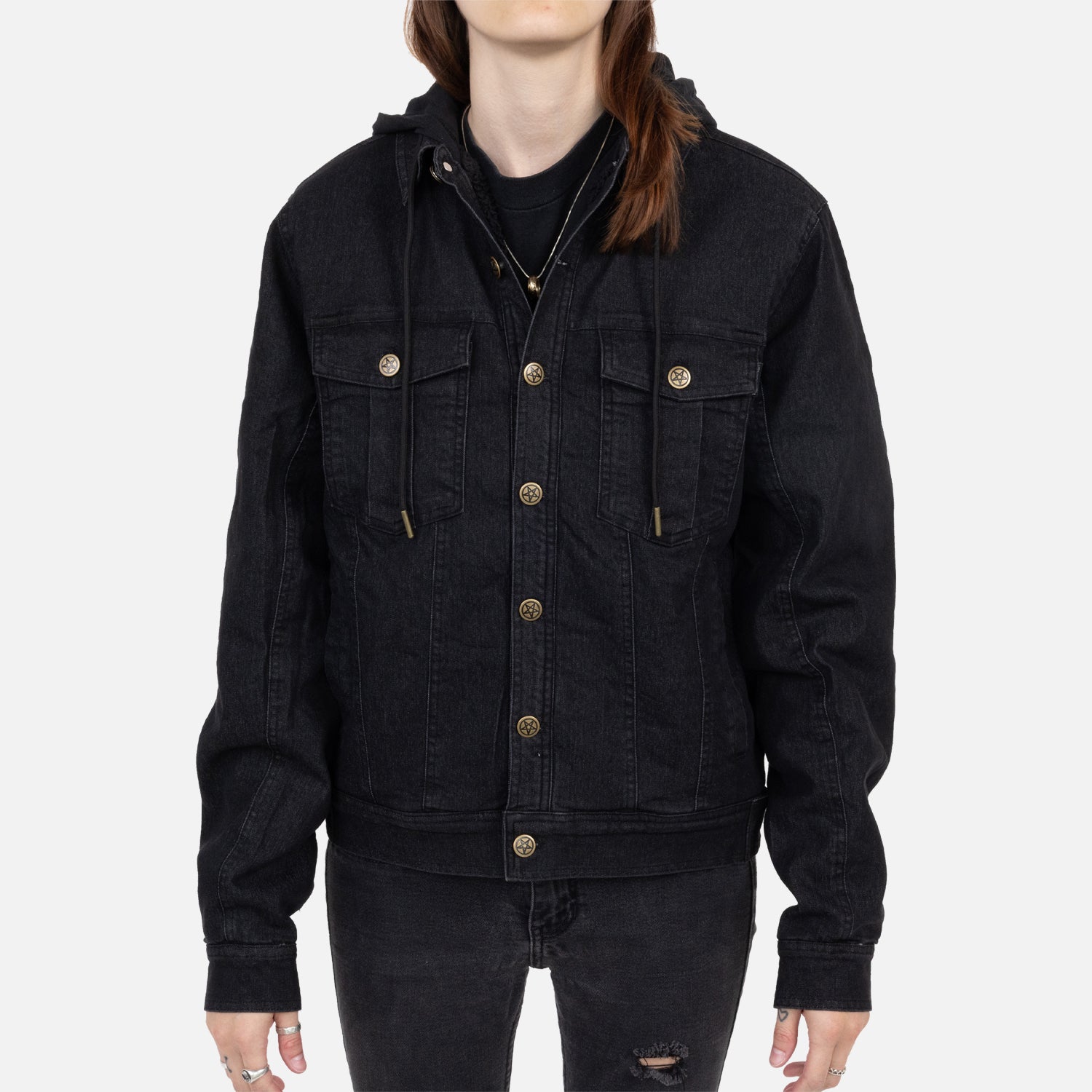 Black Vintage hooded denim jacket on female model buttoned