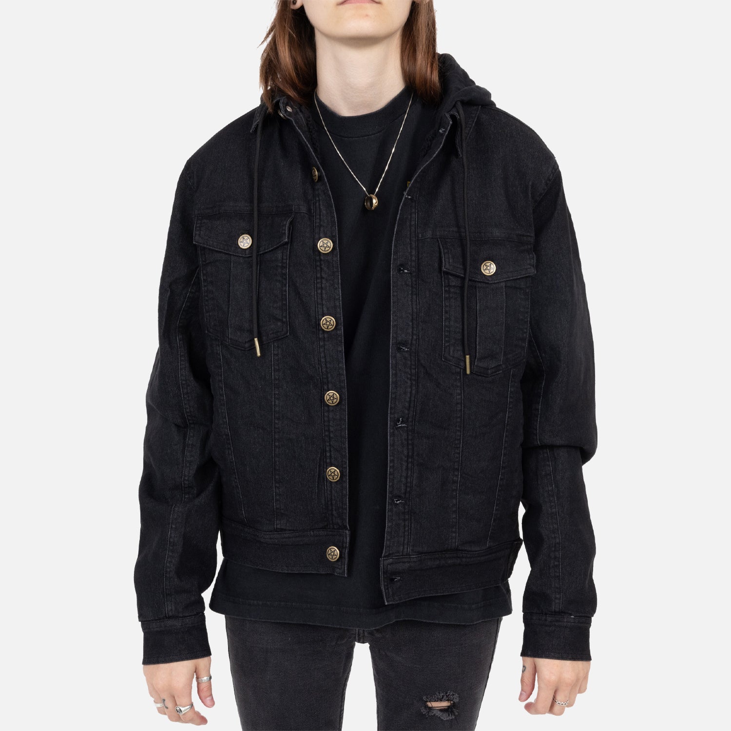 Black Vintage hooded denim jacket on female button unbuttoned