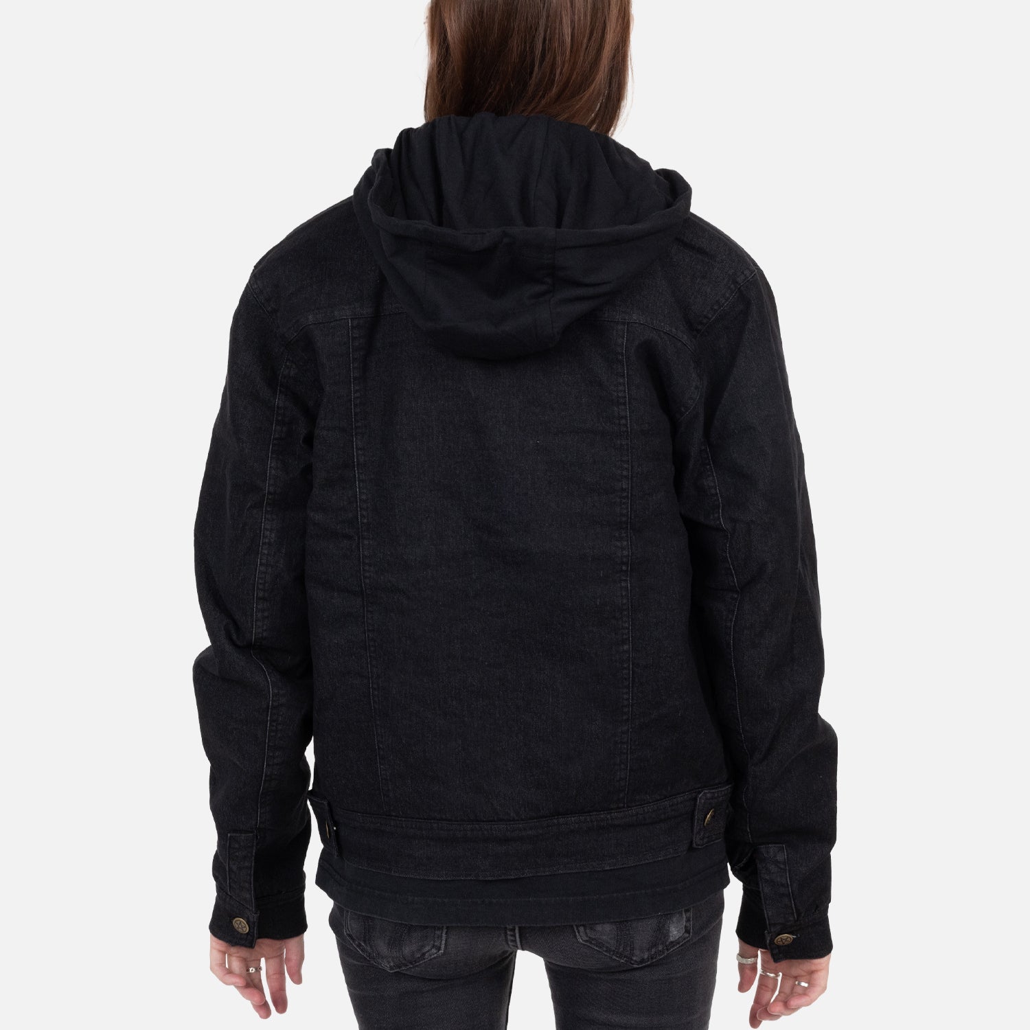 rear view of Black Vintage hooded denim jacket on female model