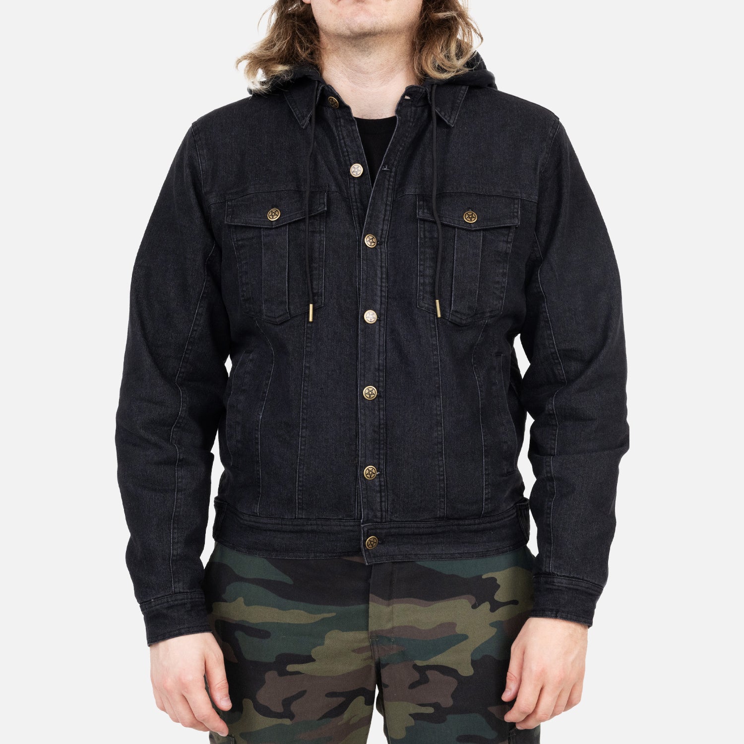 Black Vintage hooded denim jacket on male model buttoned