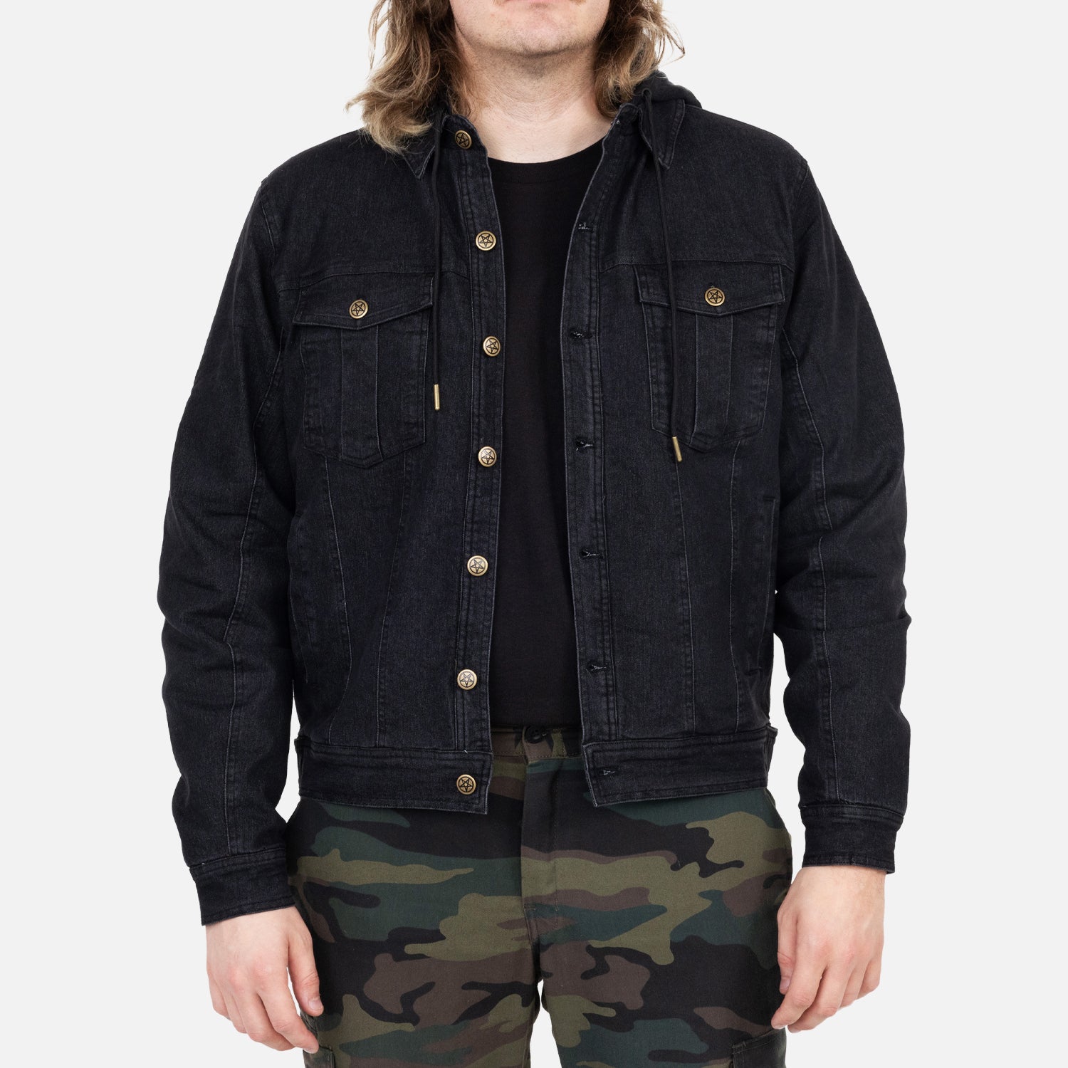 Black Vintage hooded denim jacket on male model unbuttoned