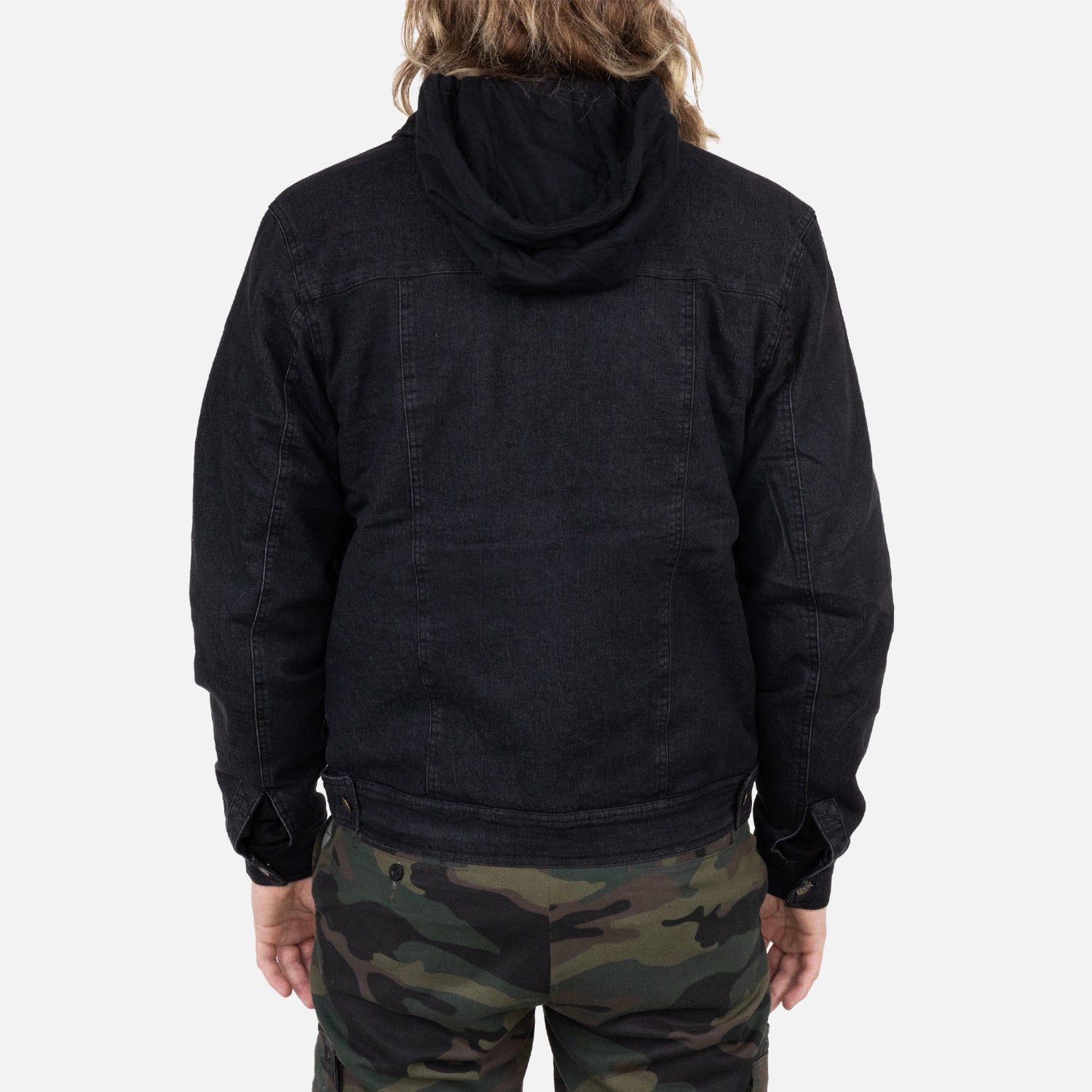 rear view of Black Vintage hooded denim jacket on male model