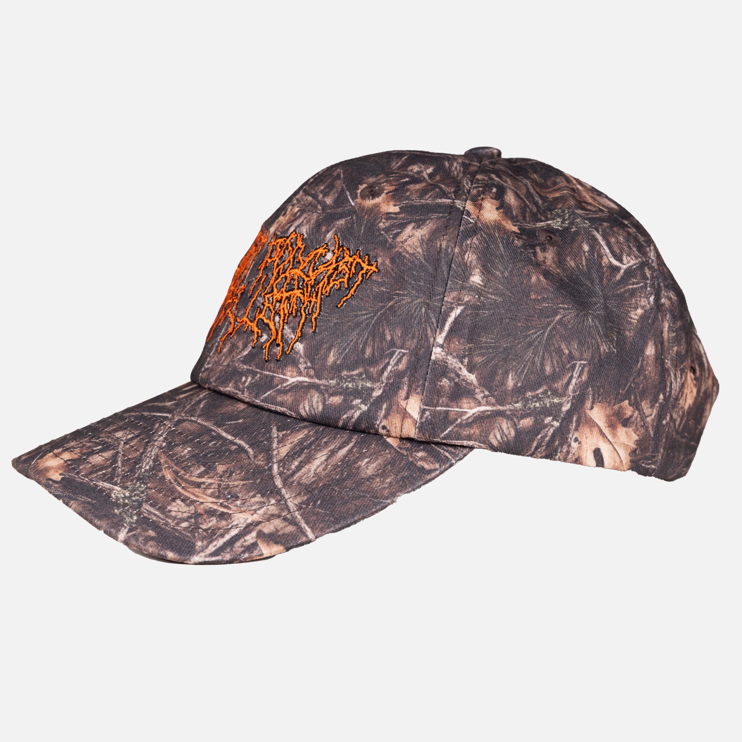 side view of Camo hat with orange death metal stylized text "THE LAST PODCAST ON THE LEFT"