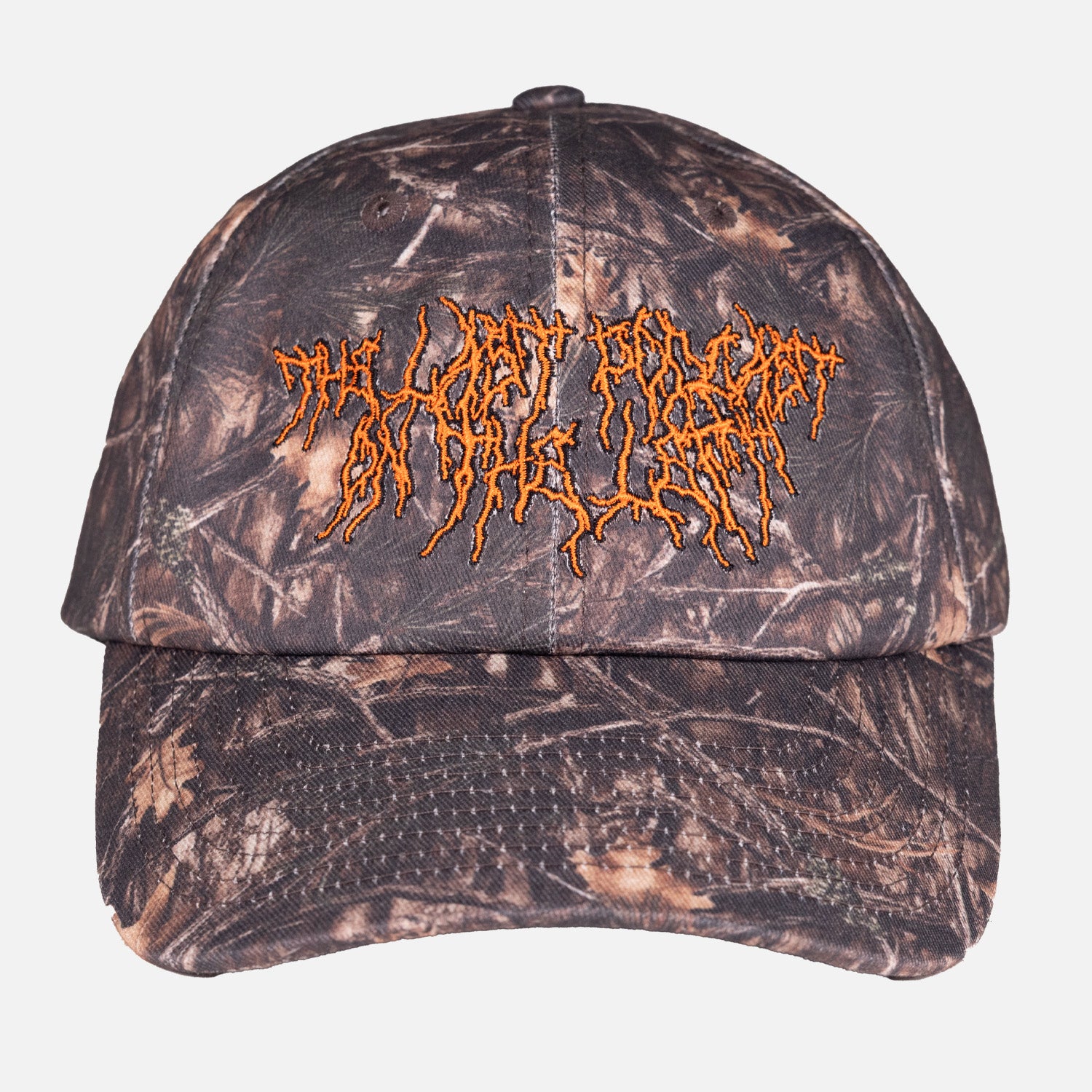 Camo hat with orange death metal stylized text "THE LAST PODCAST ON THE LEFT"