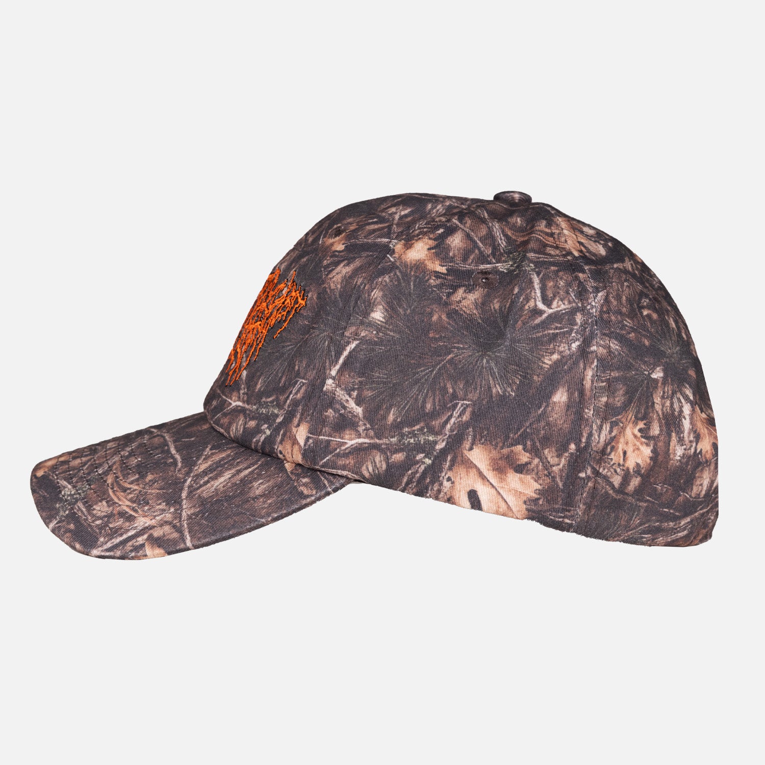 side view of Camo hat with orange death metal stylized text "THE LAST PODCAST ON THE LEFT"