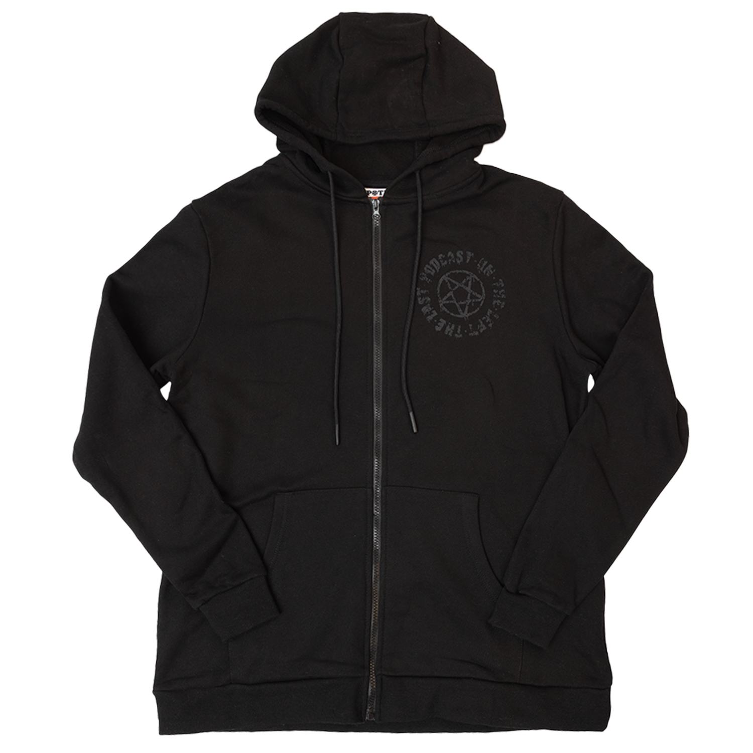 Full zip hoodie with Pentagram on left chest with text "THE LAST PODCAST ON THE LEFT"