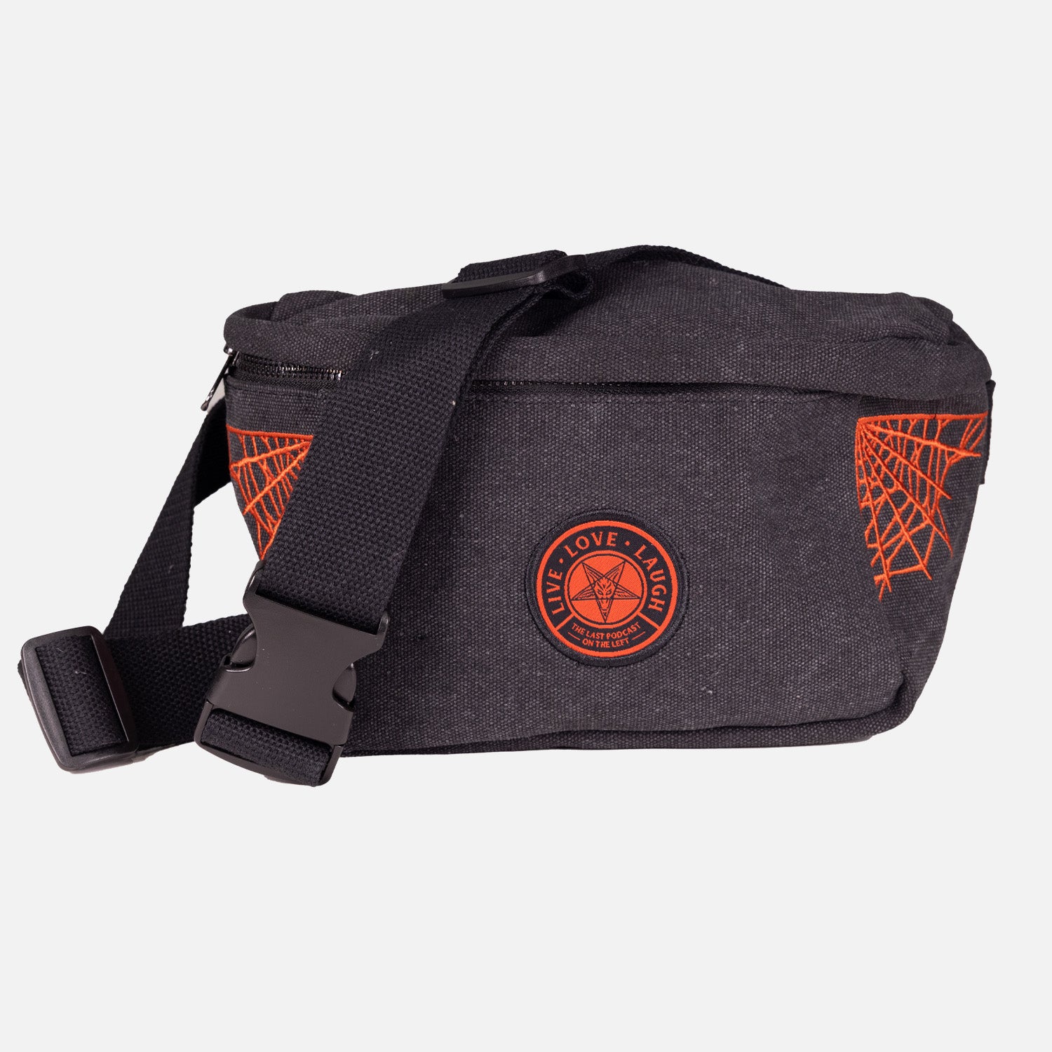 Black Fanny pack with orange  pentagram "LIVE LOVE LAUGH" patch on front with orange spider webs on sides showing strap