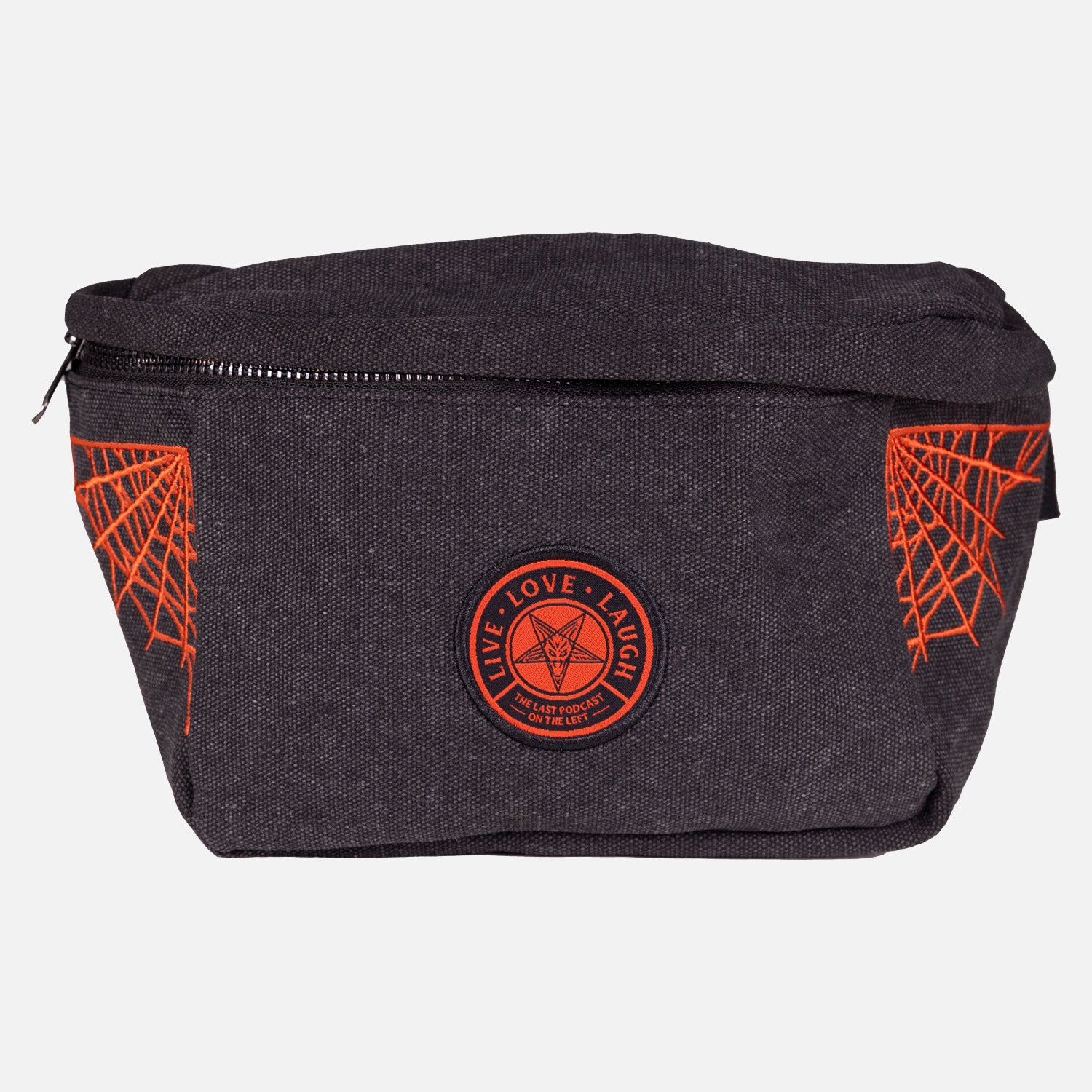 Black Fanny pack with orange  pentagram "LIVE LOVE LAUGH" patch on front with orange spider webs on sides