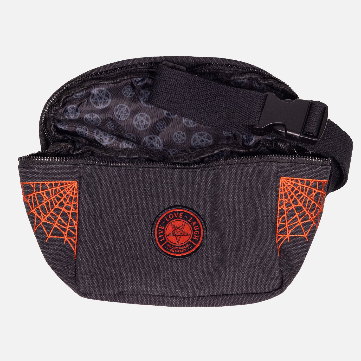 Open Black Fanny pack with orange  pentagram "LIVE LOVE LAUGH" patch on front with orange spider webs on sides. Interior showing black pentagram pattern