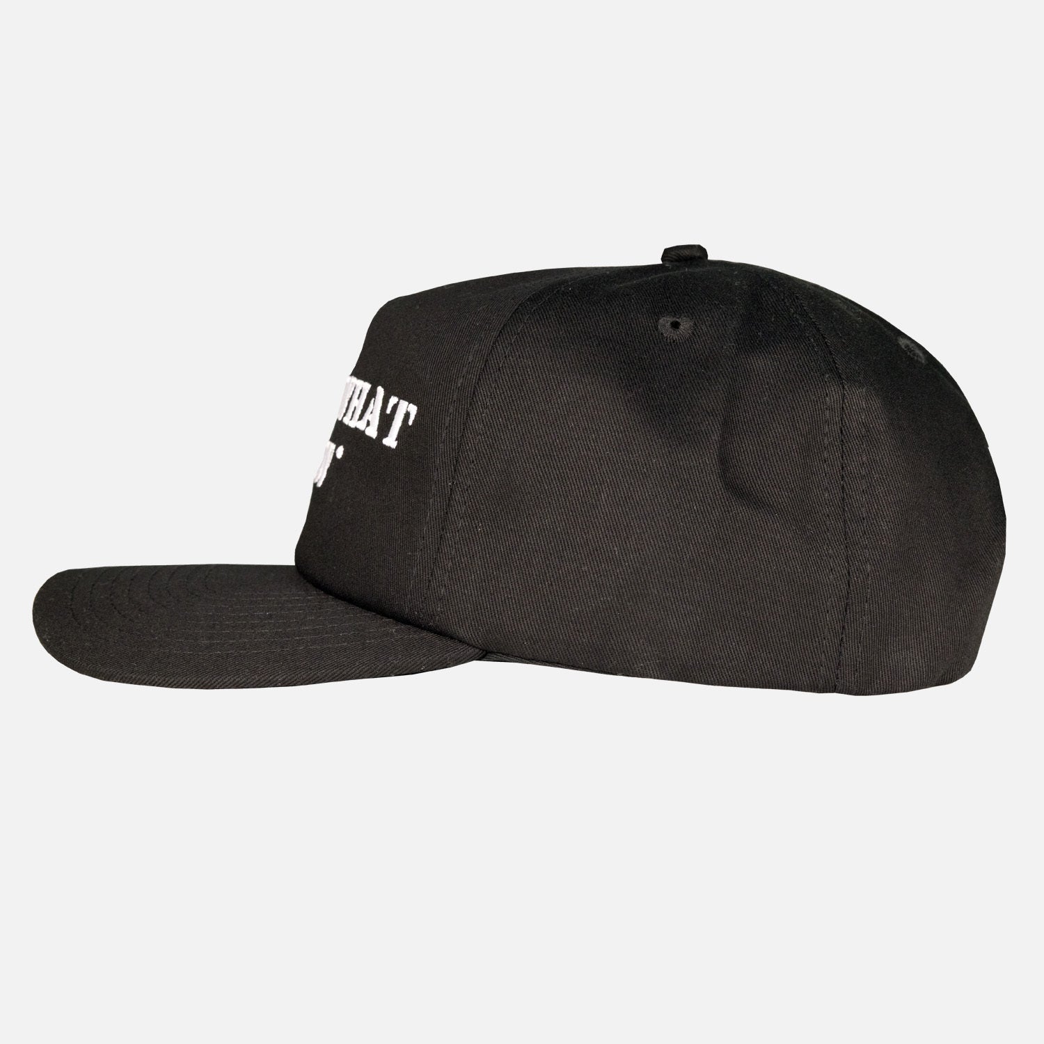 Side view of black hat with white text on front "I KNOW WHAT I SAW"