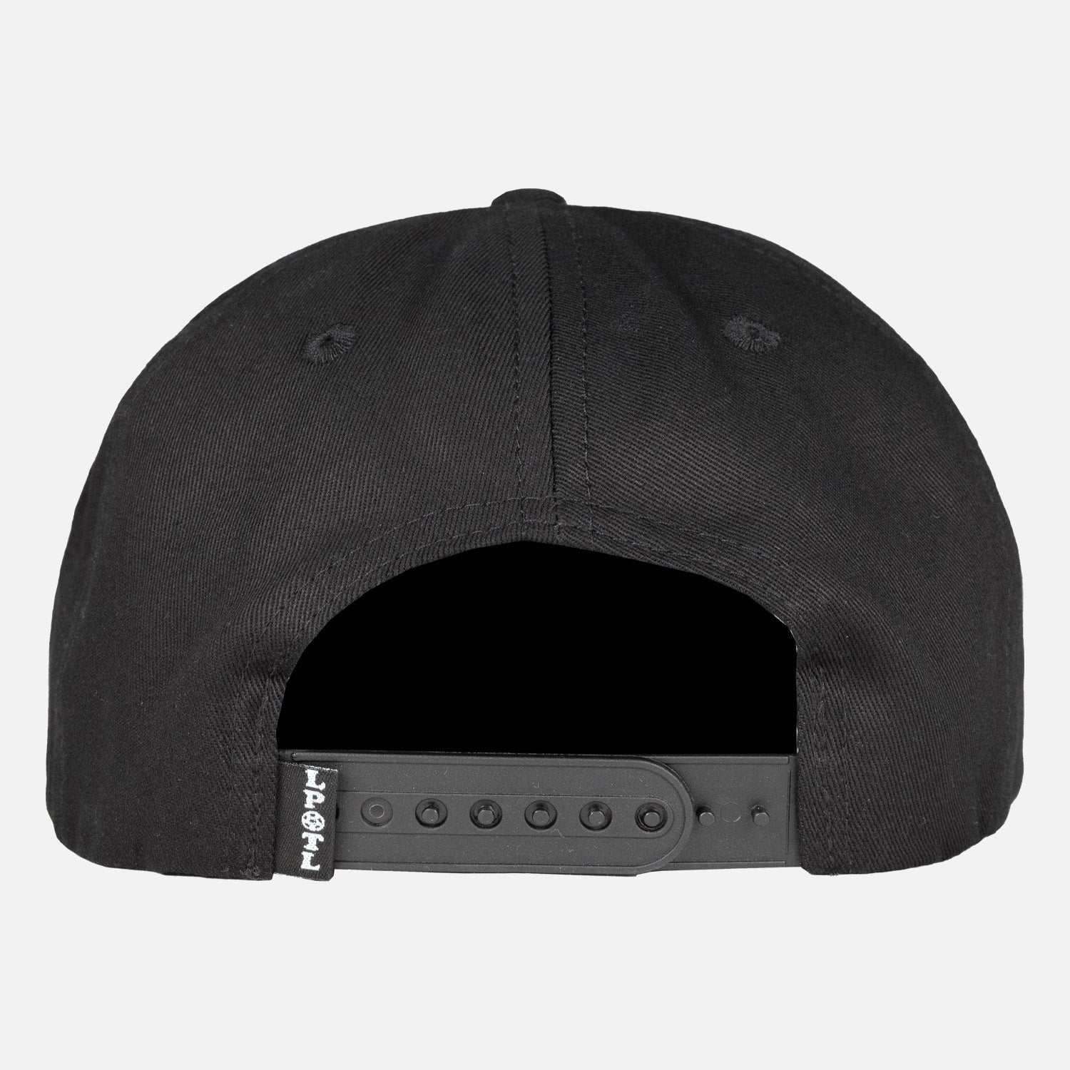 Rear view of black hat with adjustable strap