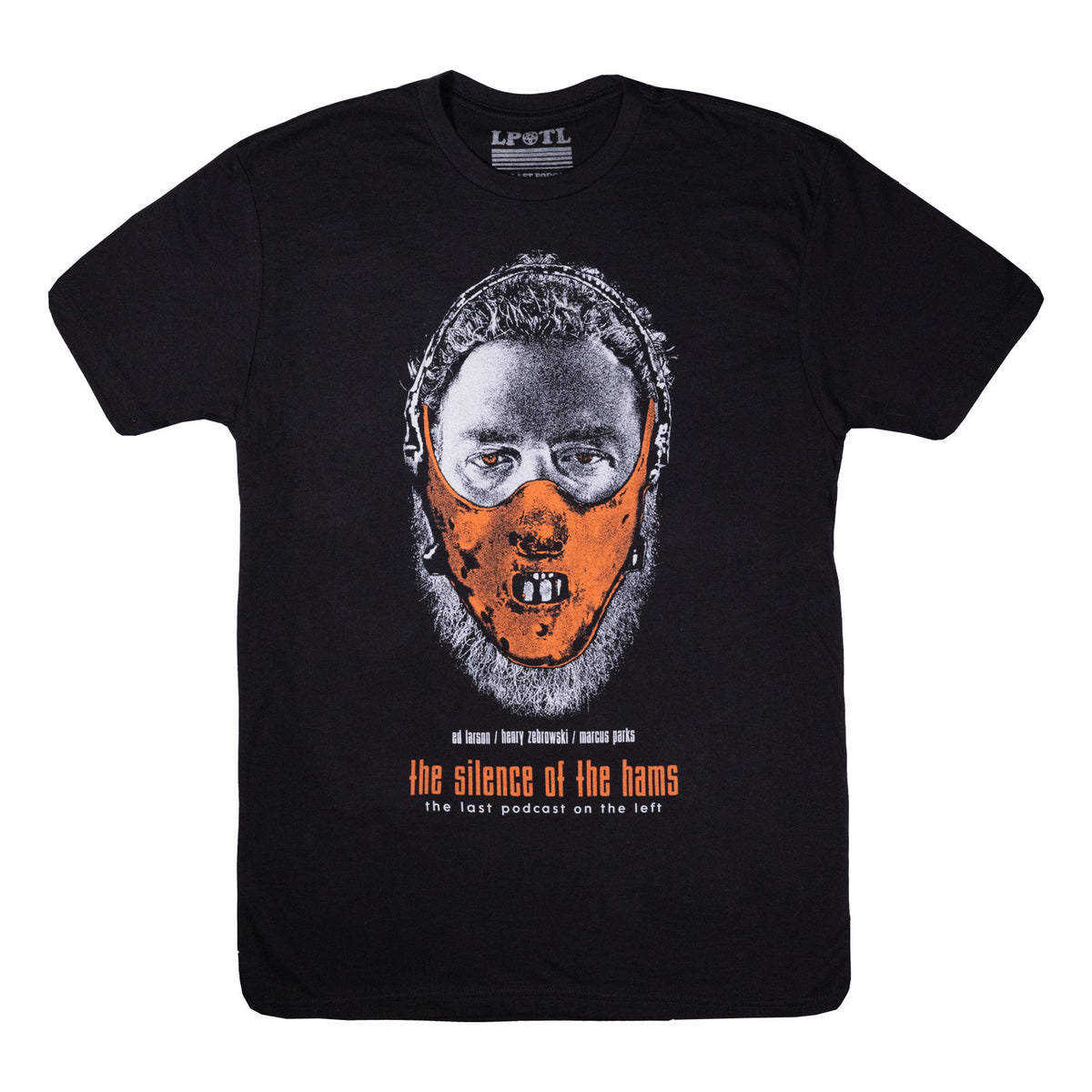 black tee with man with facemask on with orange text "the silence of the hams"