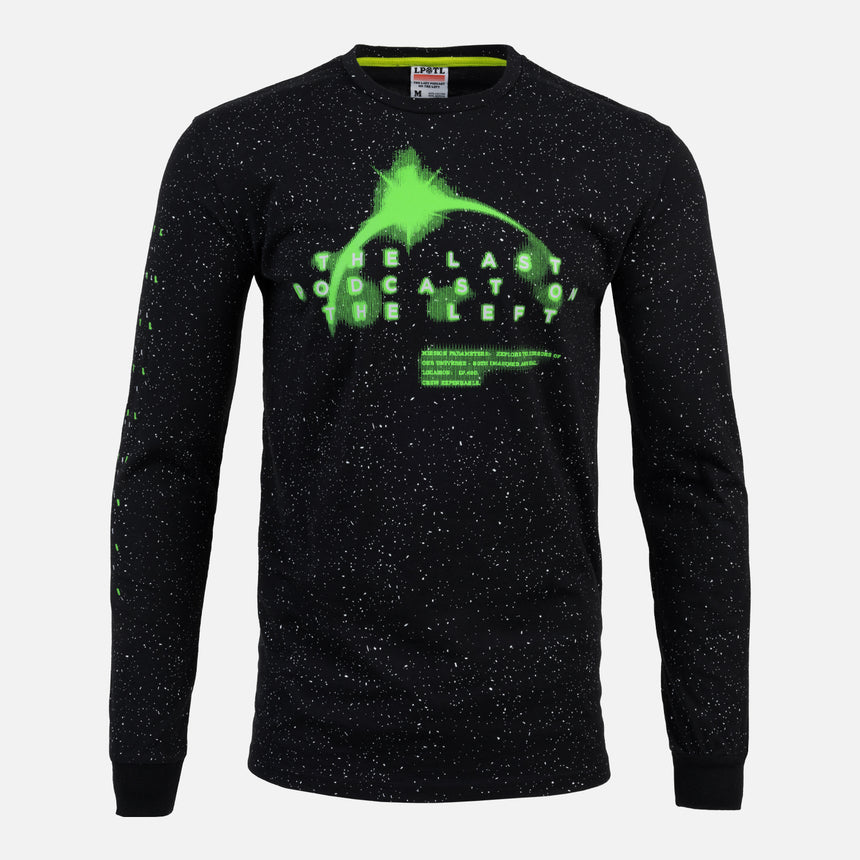 black starry pattern long sleeve shirt with green text "THE LAST PODCAST ON THE LEFT" and green graphic of planet 