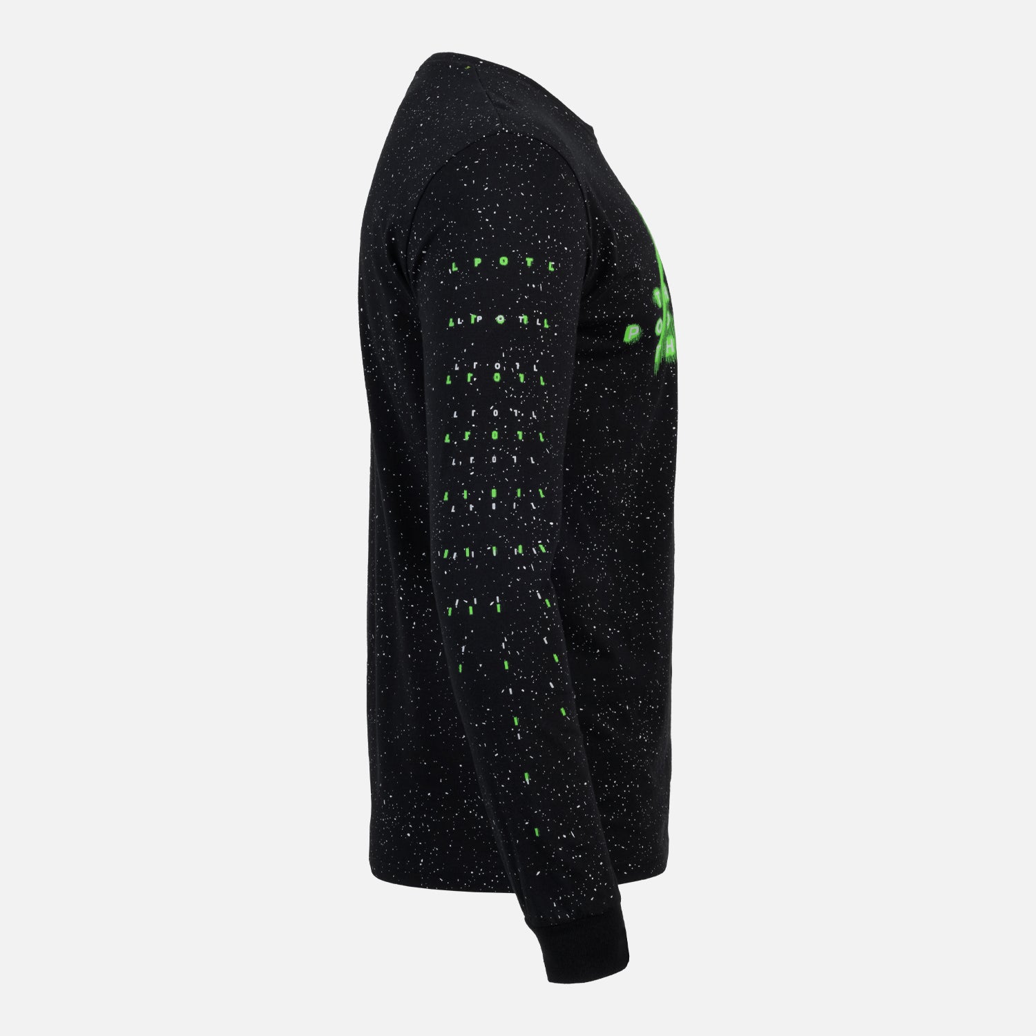 right sleeve of black starry pattern long sleeve shirt with green text repeating down sleeve "LPOTL" 