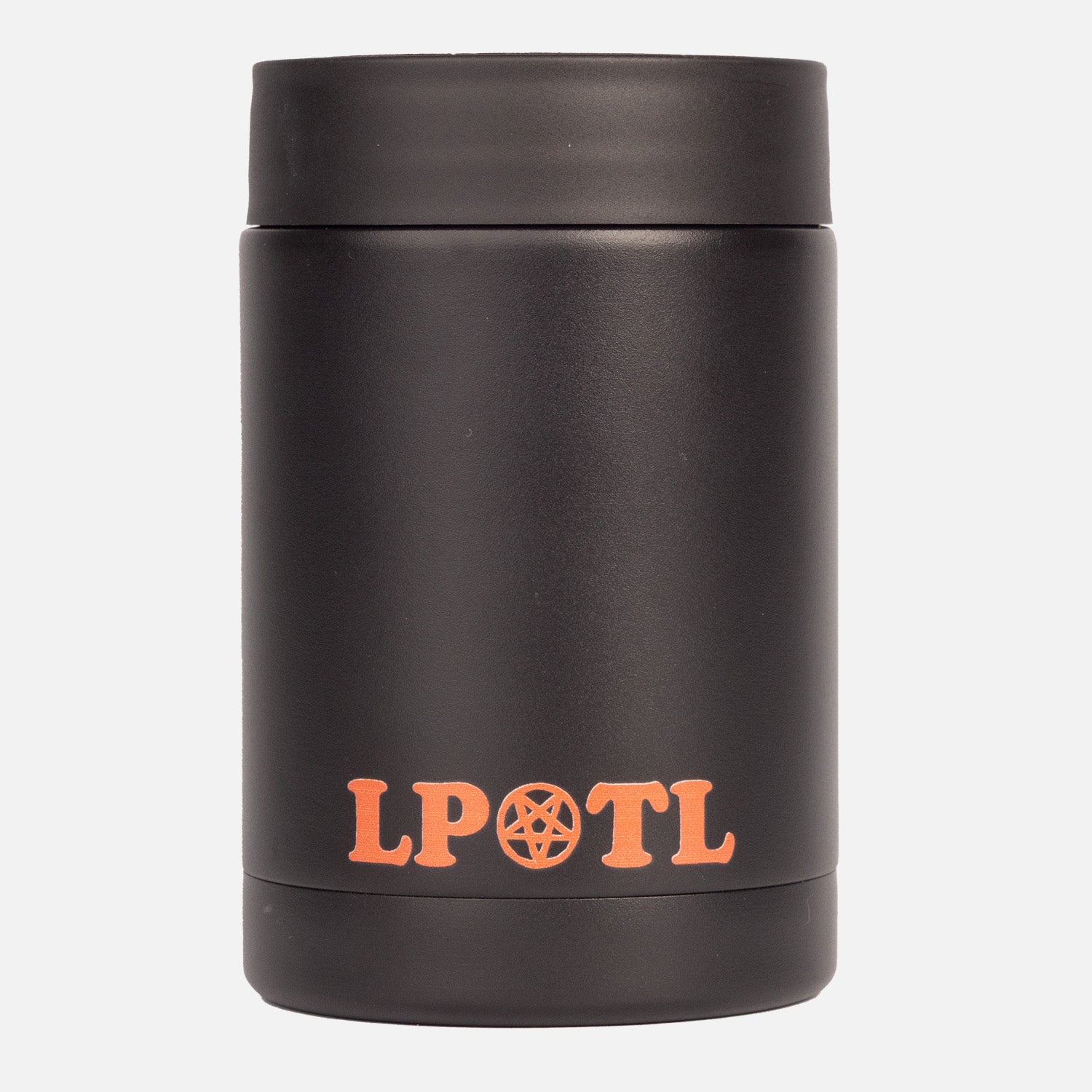Rear view of black metal can cooler with orange LPOTL near bottom