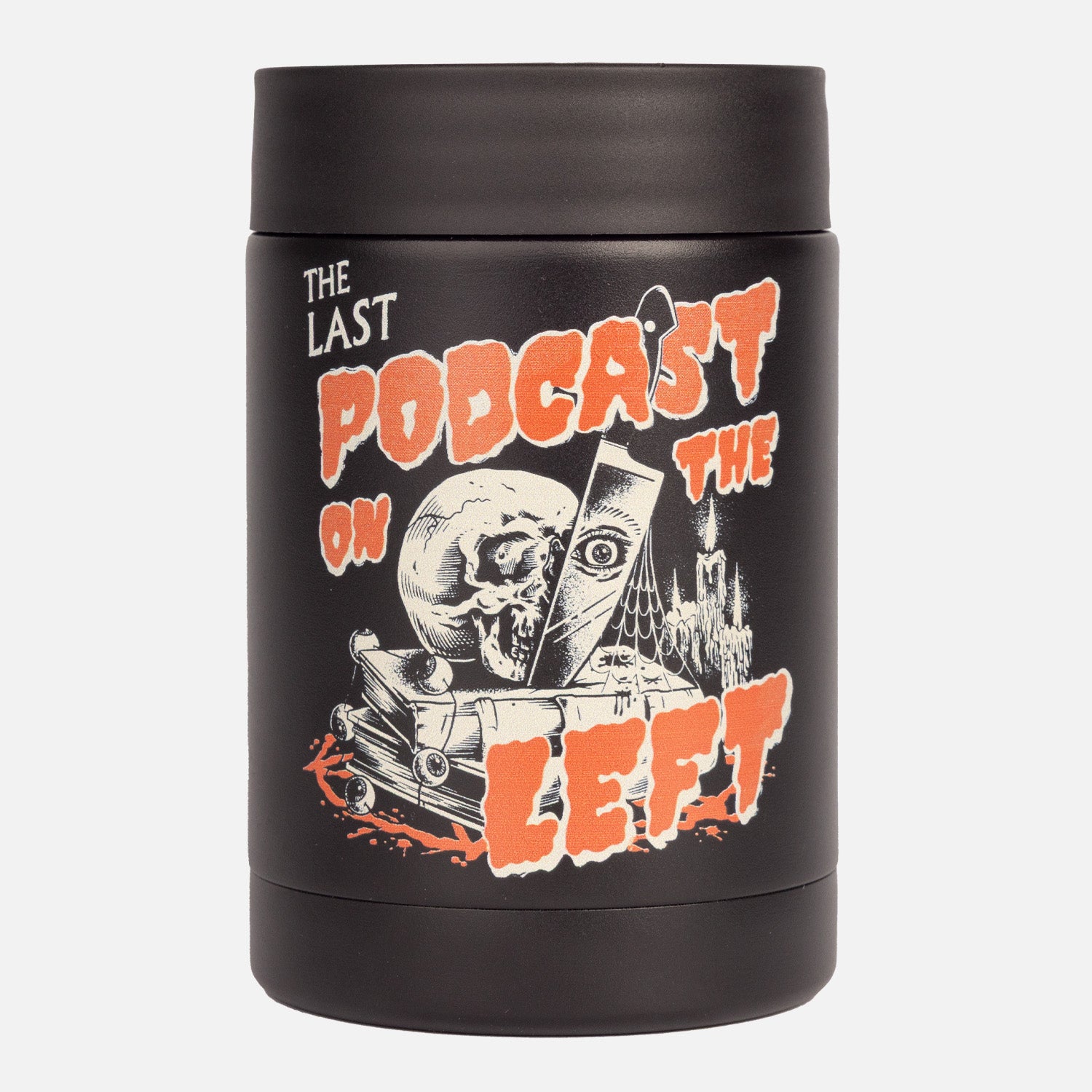 Black Metal can cooler with THE LAST PODCAST ON THE LEFT logo on front