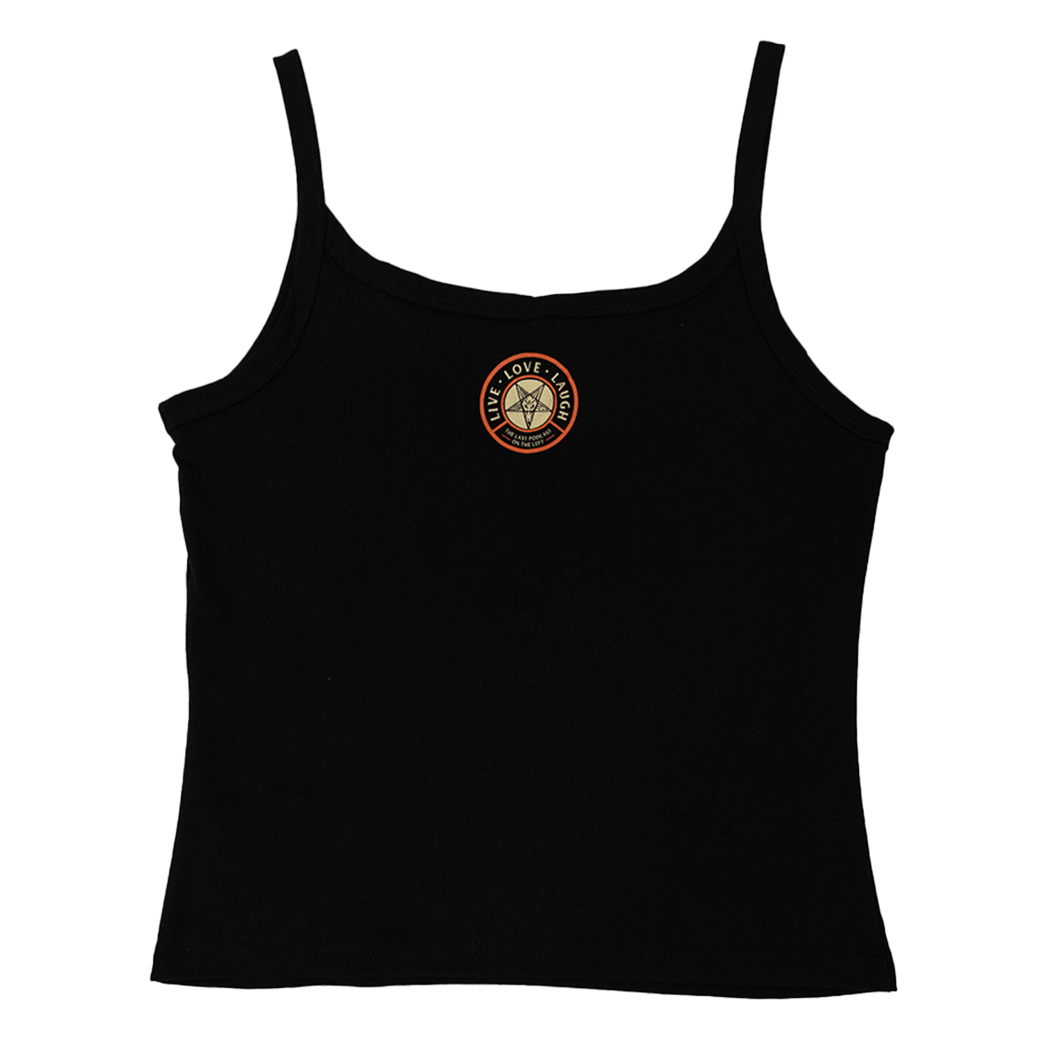 rear view of black spaghetti strap tank with pentagram "LIVE LOVE LAUGH" graphic on upper back