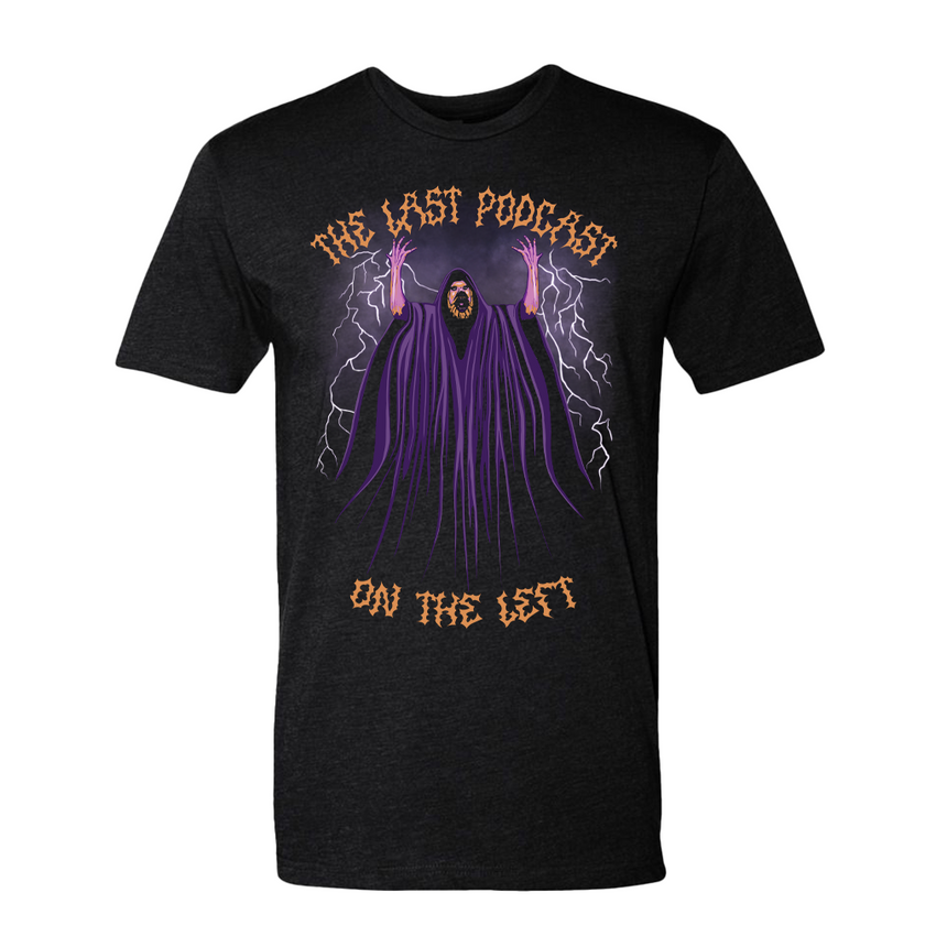 Black t-shirt with Maniacal Henry graphic with lightening bolts and text "THE LAST PODCAST ON THE LEFT"