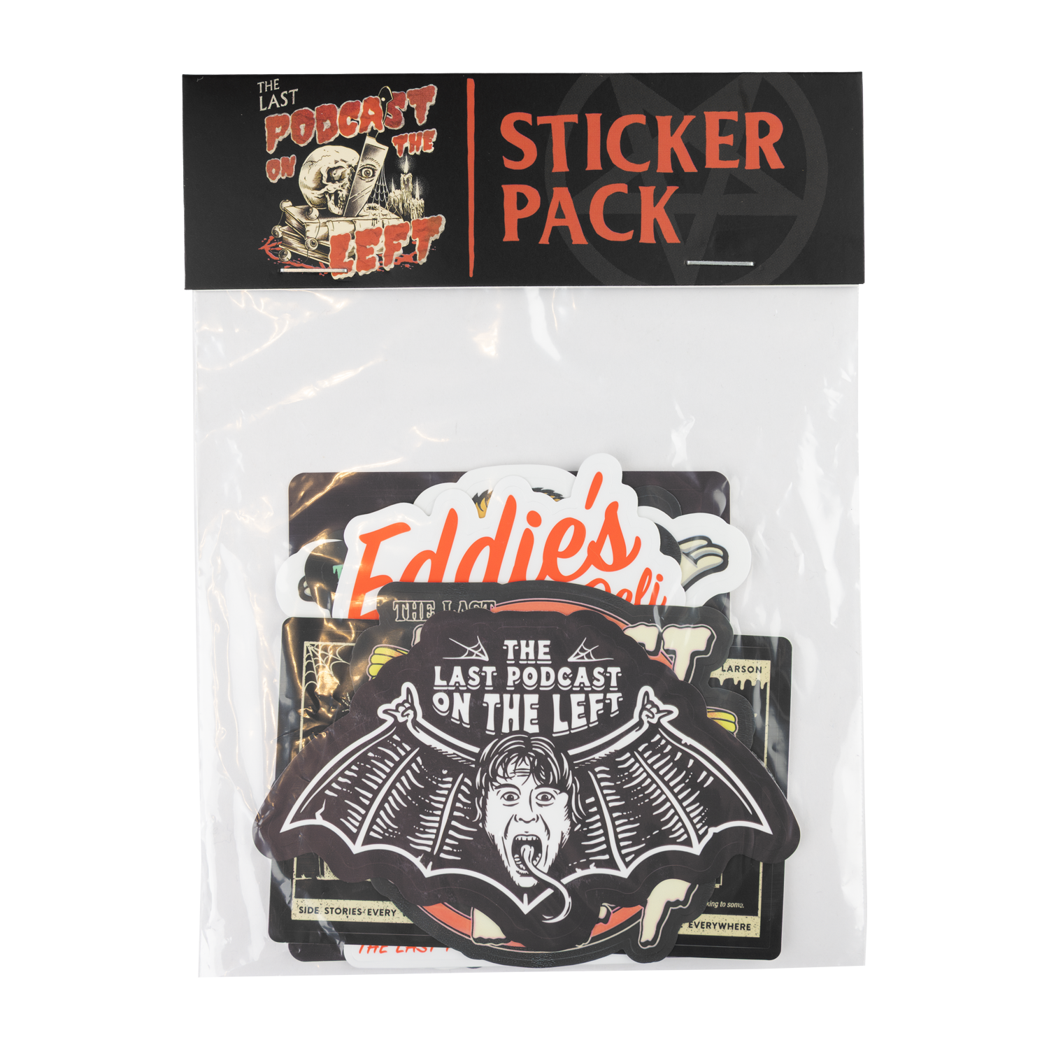 Sticker pack with 'The Last Podcast on the Left' branding in clear packaging.
