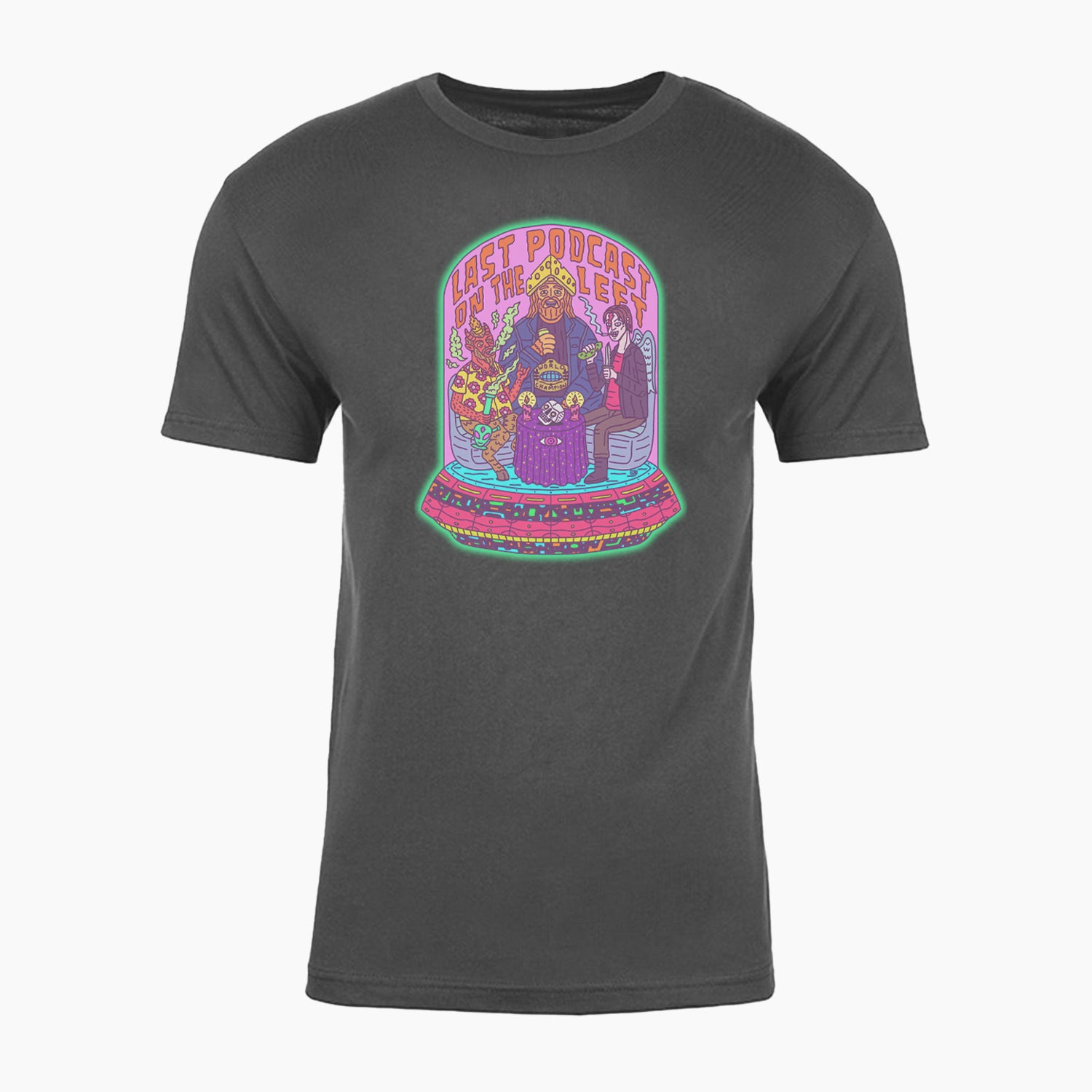Heavy Metal tee with psychedelic graphic of the hosts and text "LAST PODCAST ON THE LEFT"