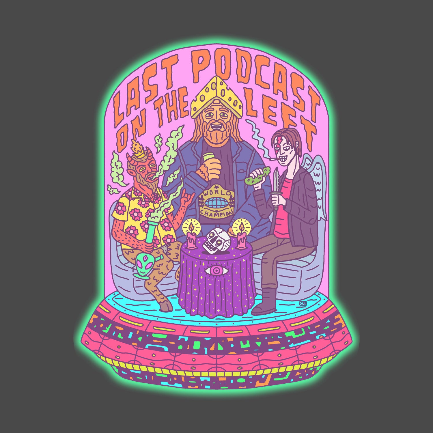 Closeup of psychedelic graphic of the hosts with text "LAST PODCAST ON THE LEFT"