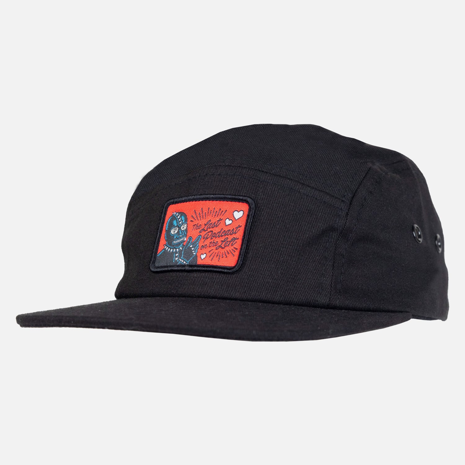 black camper hat with red patch with masked man with text "The Last Podcast on the Left"