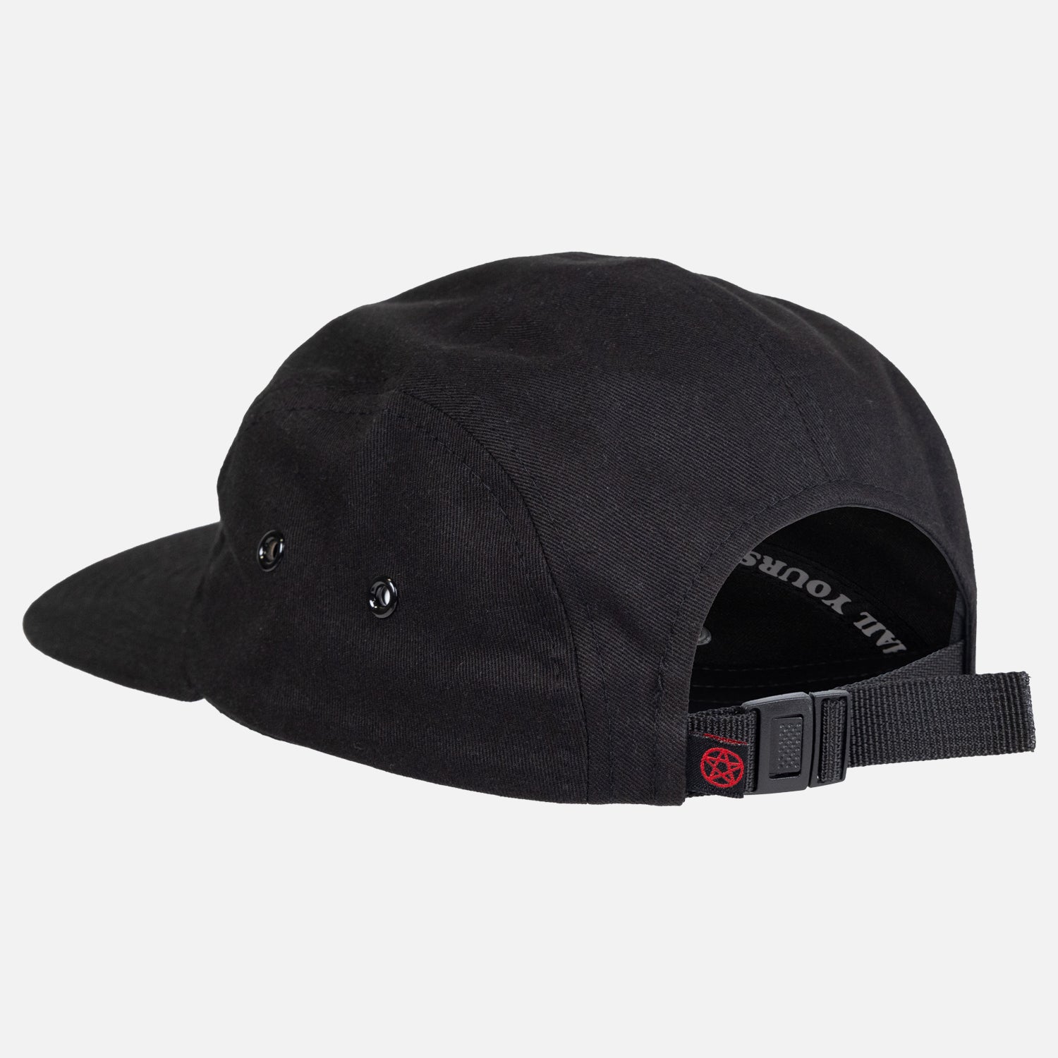 rear view of black camper hat with pentagram label on back