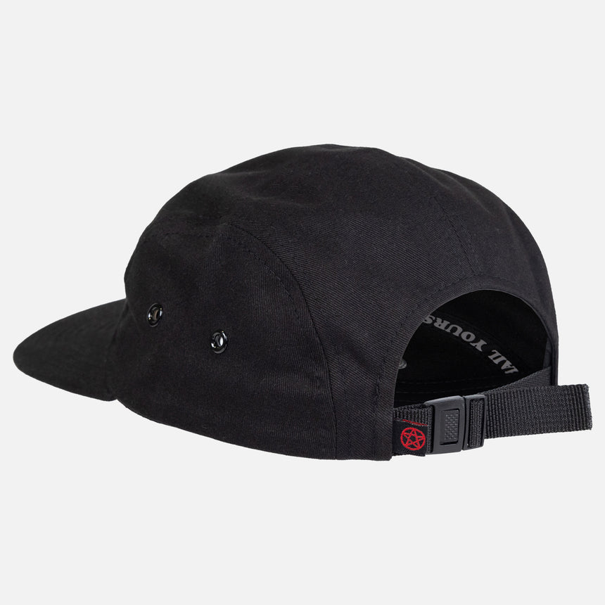 black camper hat with red patch with masked man with text "The Last Podcast on the Left"