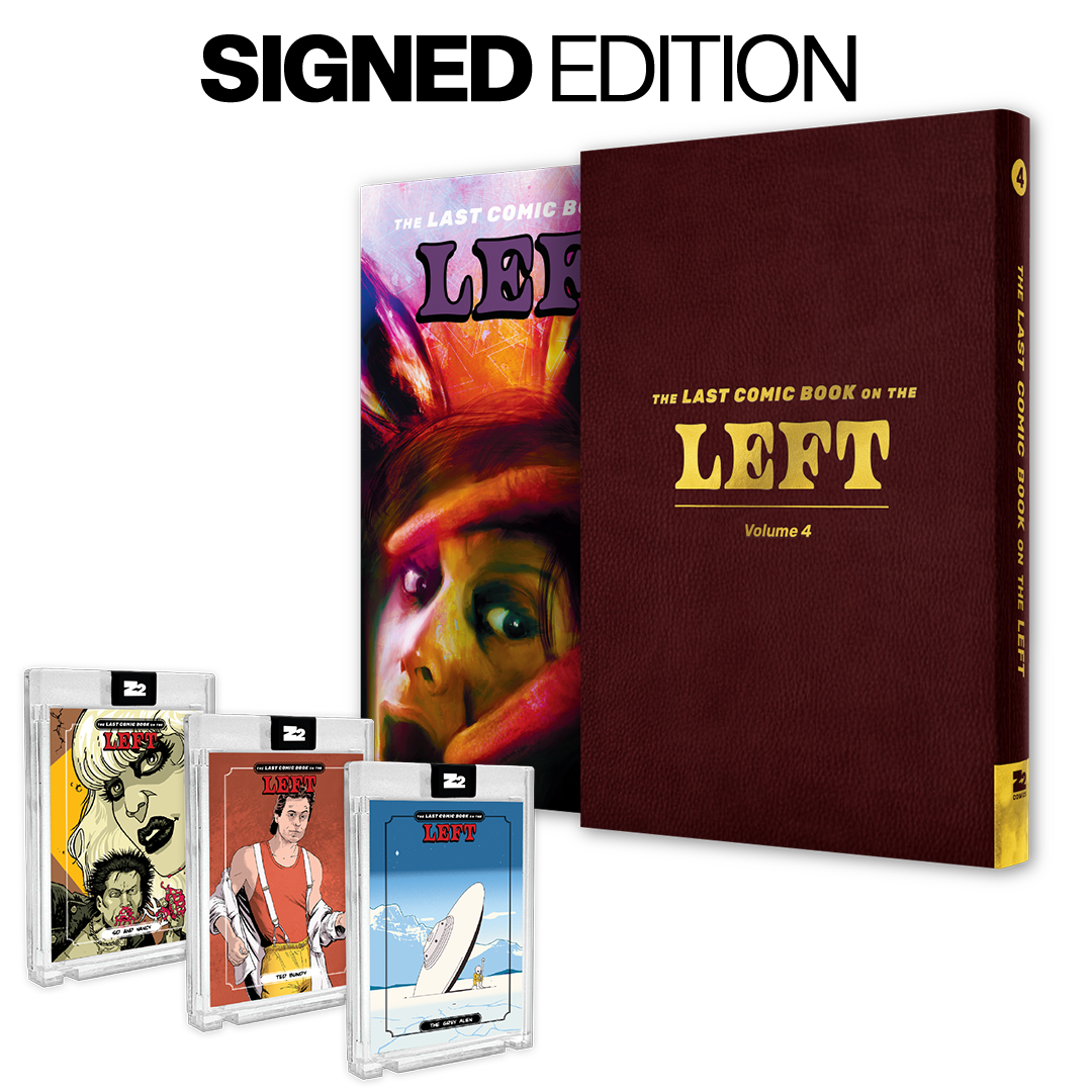 Signed edition of 'The Last Comic Book on the Left' with colorful covers and maroon hardcover.