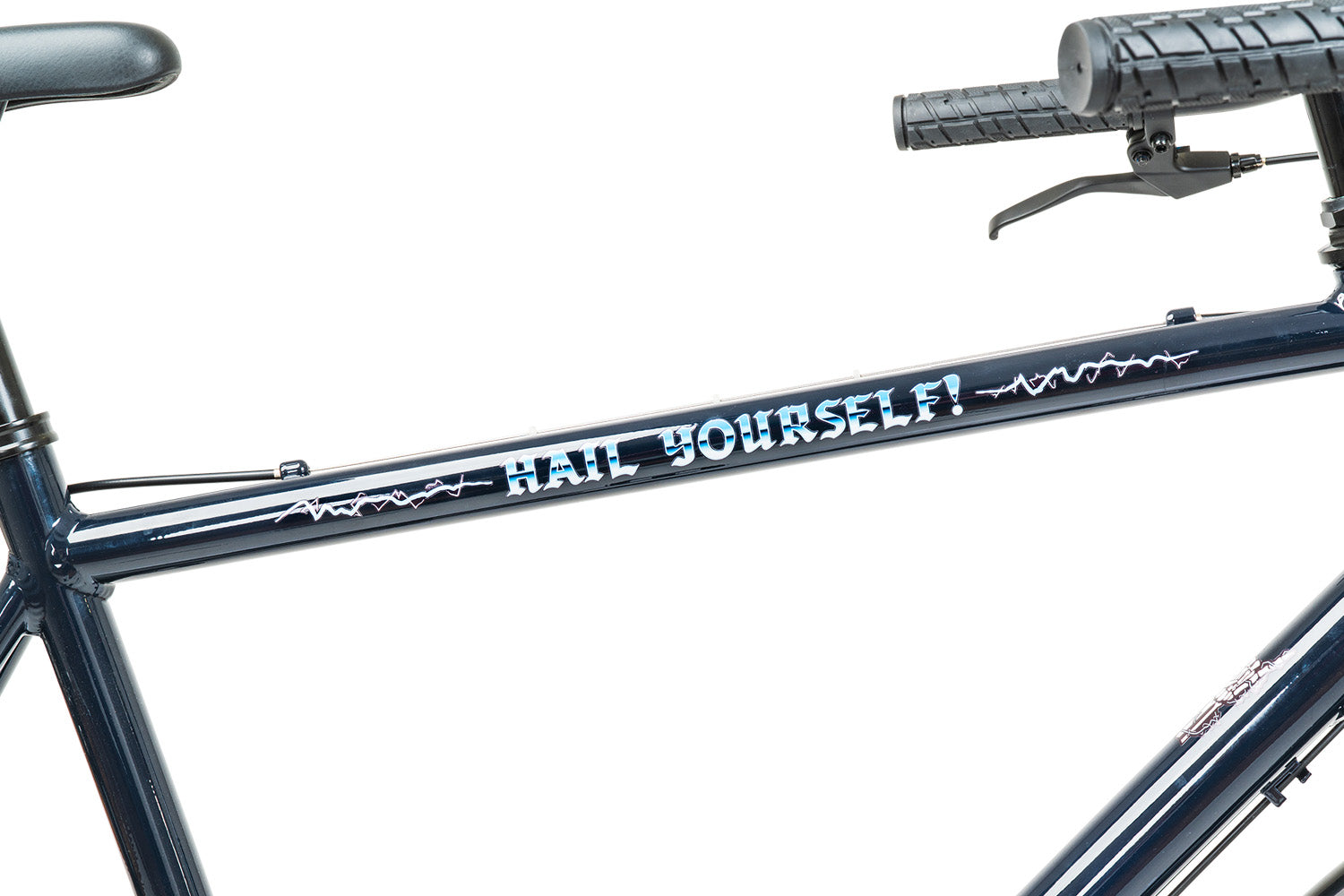 detail photo of top tube. hail yourself graphic text in blue and white