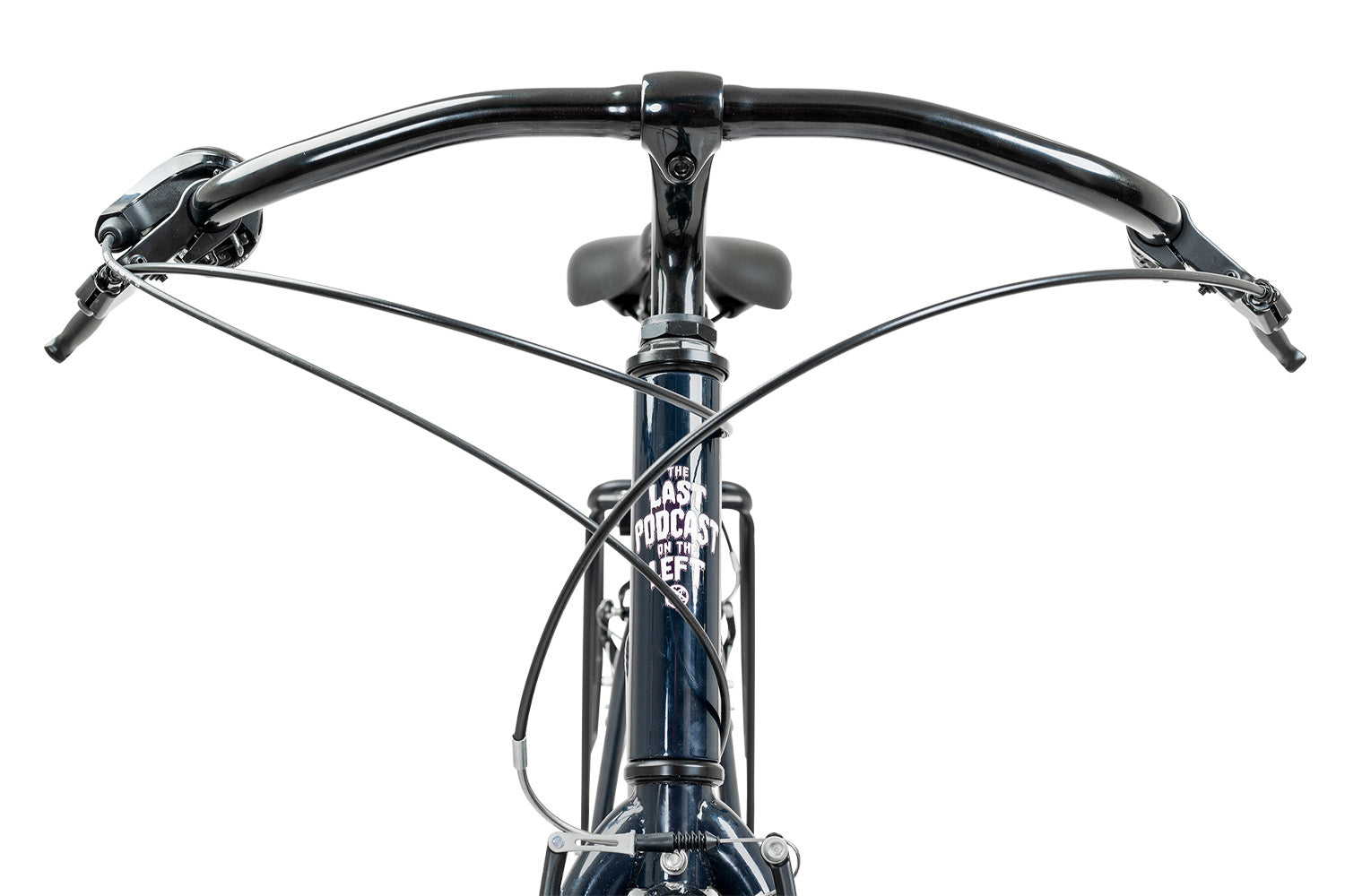 detail photo of handlebars and from lpotl logo graphic on front headtube