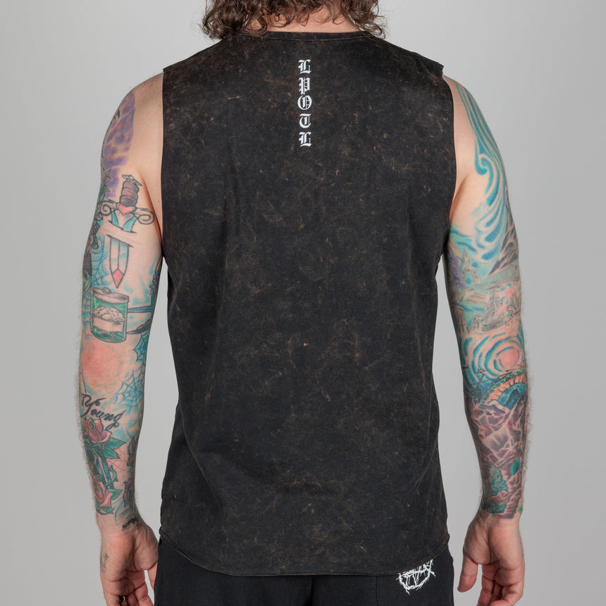 photo of male model wearing brutal bleach washed sleeveless tee. " hail yourself!" printed in metal font on front. inverted cross extending from the r and s.