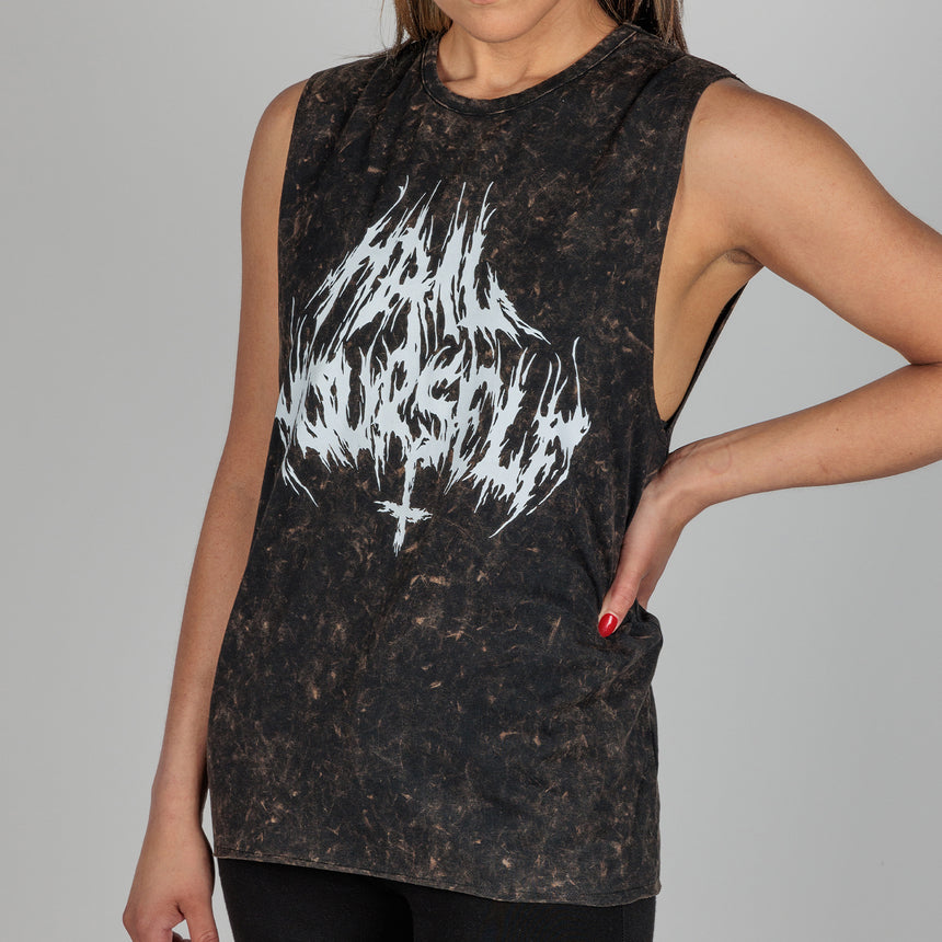 photo of male model wearing brutal bleach washed sleeveless tee. " hail yourself!" printed in metal font on front. inverted cross extending from the r and s.