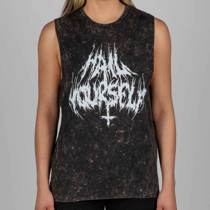 photo of male model wearing brutal bleach washed sleeveless tee. " hail yourself!" printed in metal font on front. inverted cross extending from the r and s.